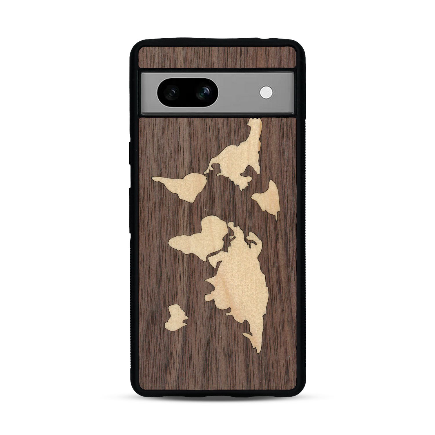 Coque de protection en bois véritable fabriquée en France pour  alliant du bambou et du noyer sur le thème du voyage et de l'aventure représentant une mappemonde