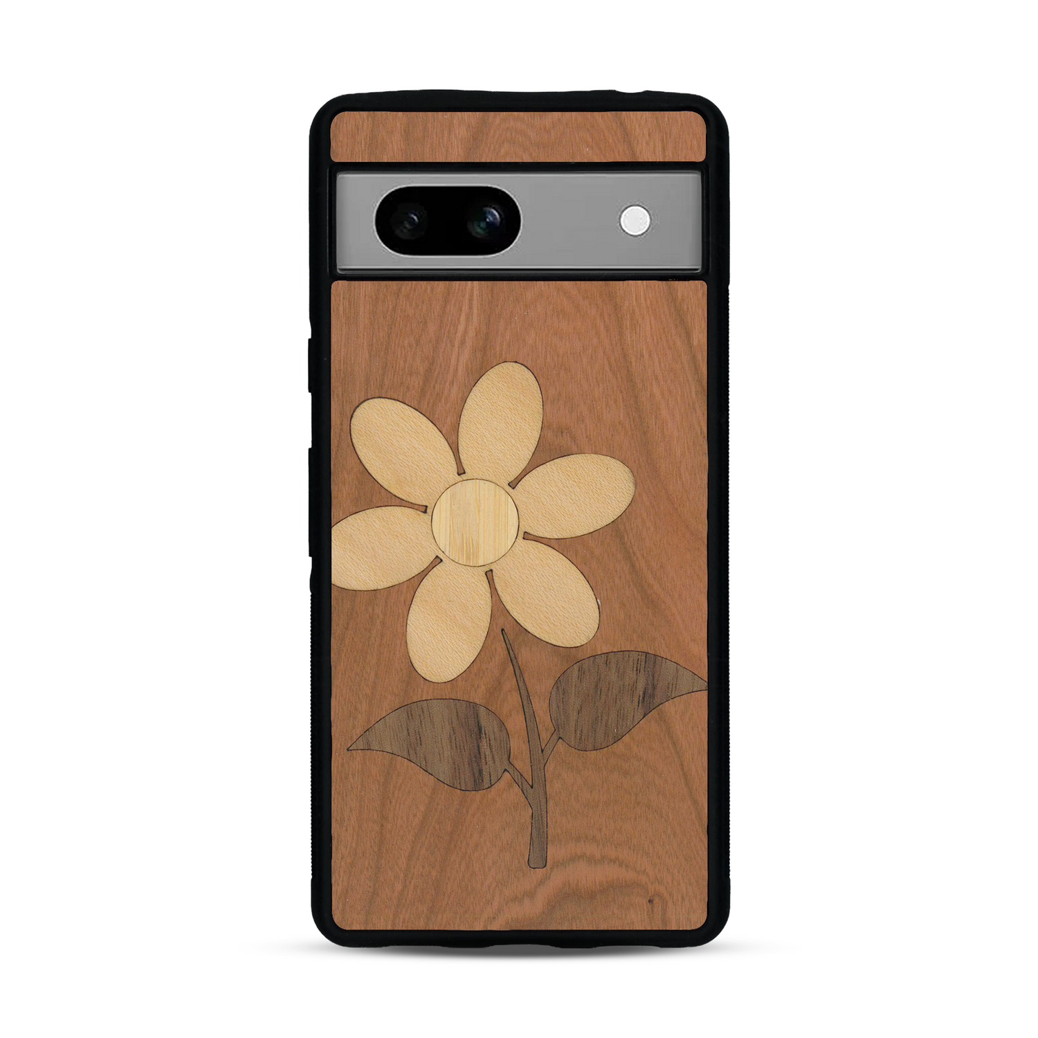 Coque de protection en bois véritable fabriquée en France pour Google Pixel 7A alliant plusieurs essences de bois pour représenter une marguerite