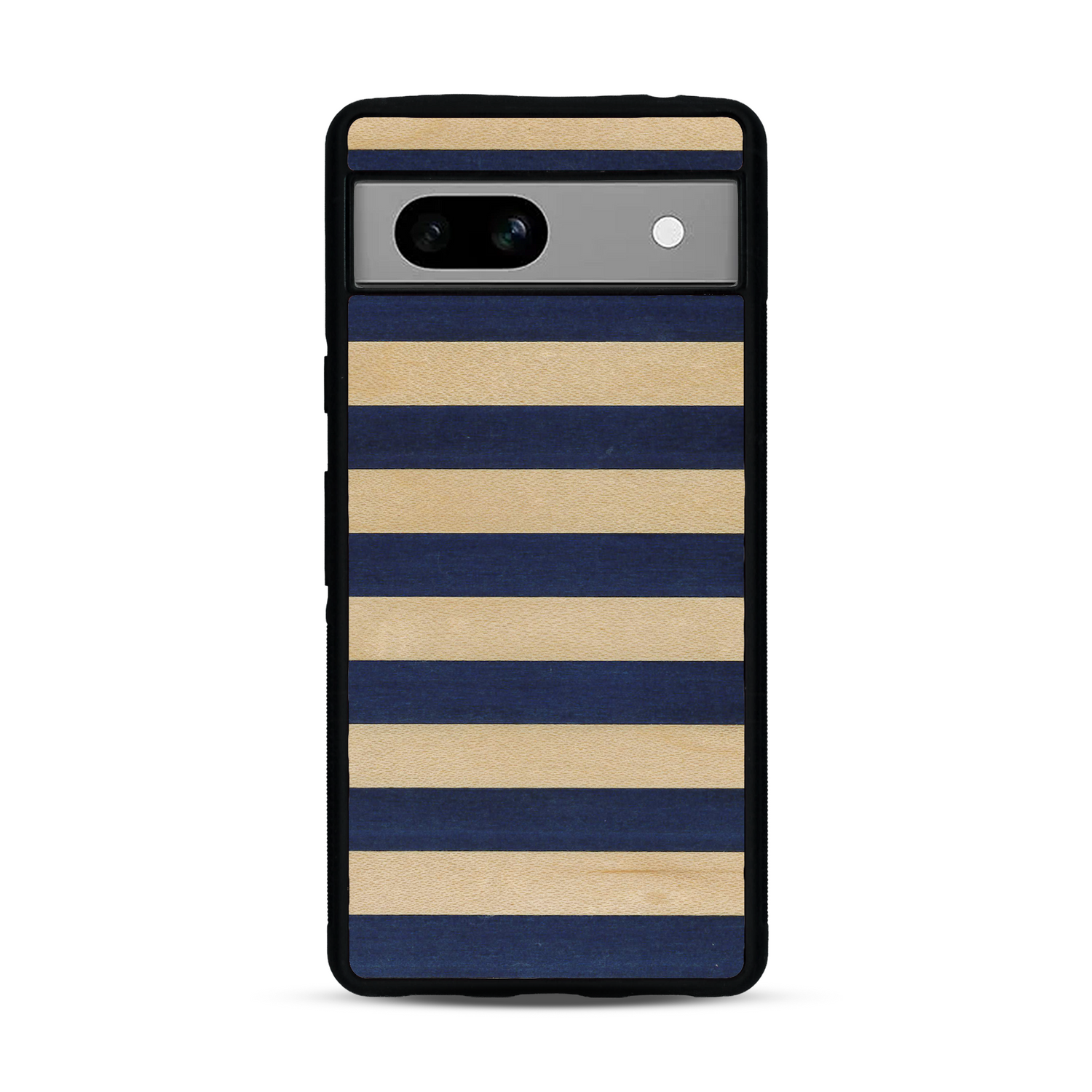 Coque de protection en bois véritable fabriquée en France pour Google Pixel 7A alliant plusieurs essences de bois pour représenter une marinière