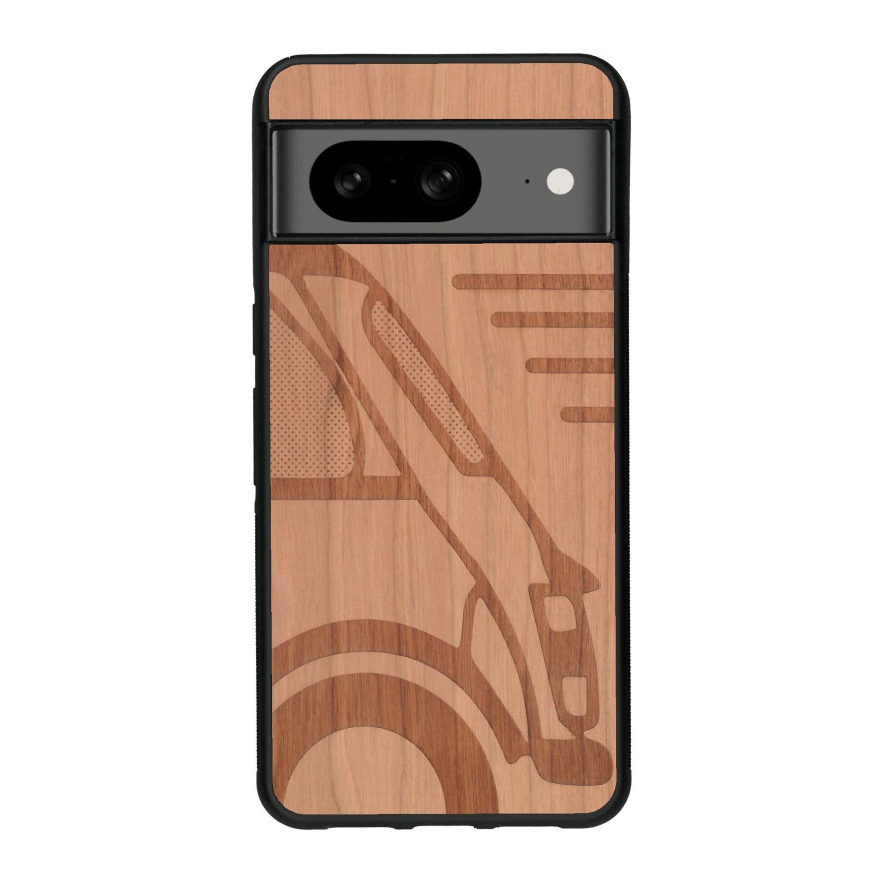 Coque de protection en bois véritable fabriquée en France pour Google Pixel 7A sur le thème de l'automobile avec une authentique Mini Cooper