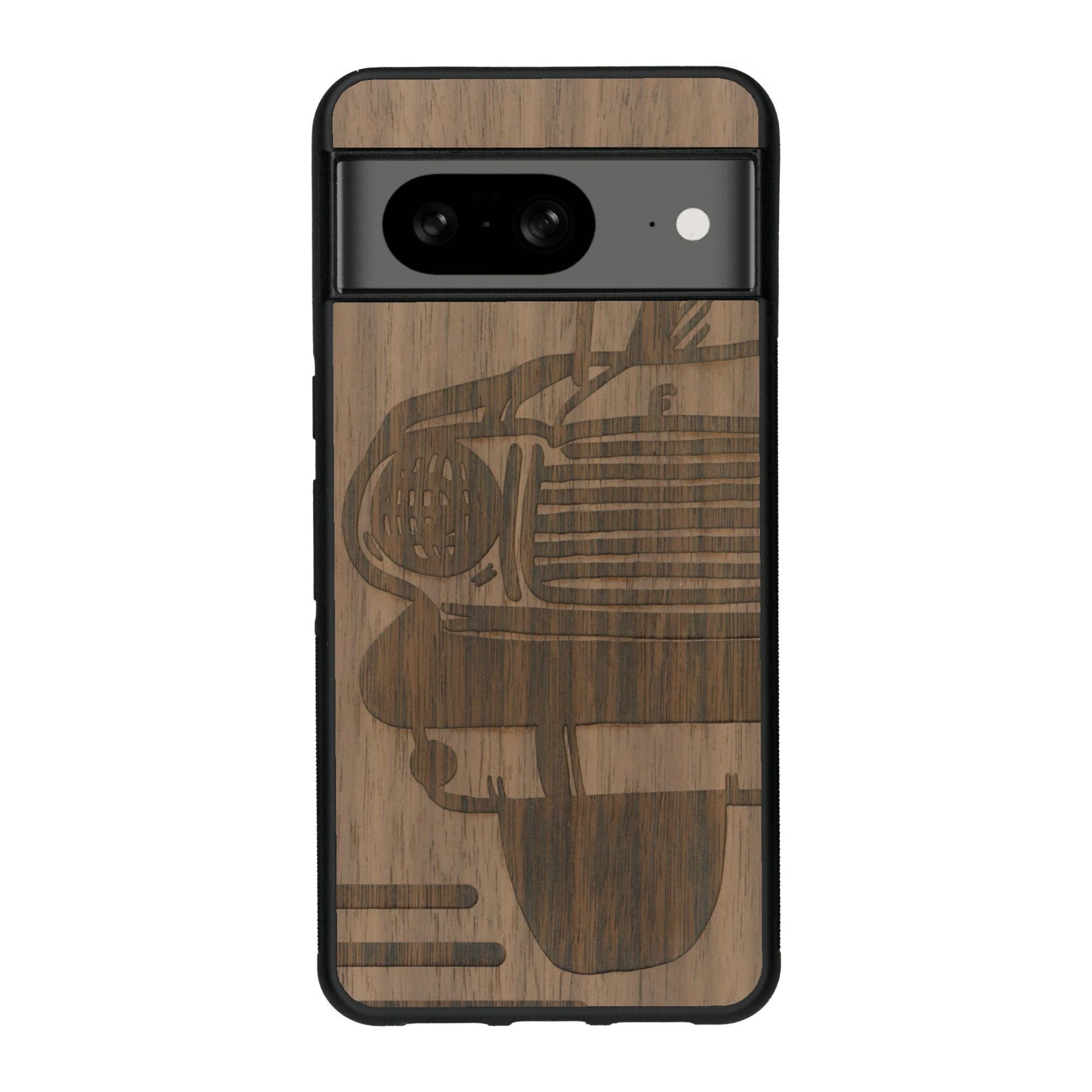 Coque de protection en bois véritable fabriquée en France pour Google Pixel 7A sur le thème de l'automobile avec une authentique Mustang