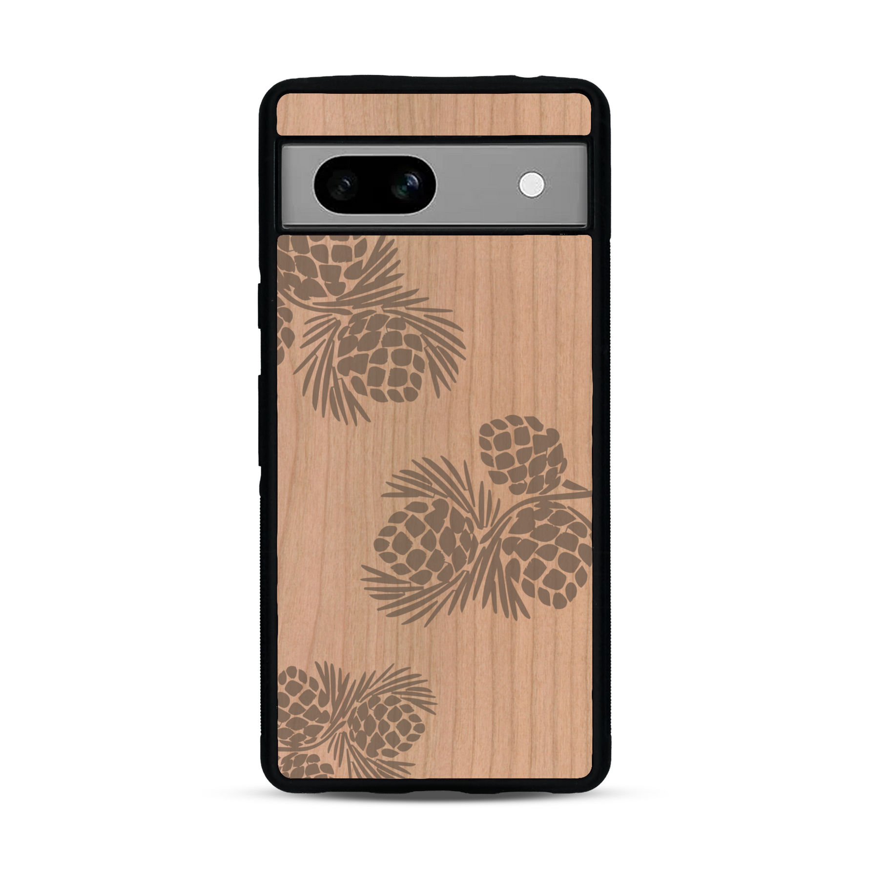 Coque de protection en bois véritable fabriquée en France pour  sur le thème de la nature des arbres avec un motif de gravure représentant des épines de sapin et des pommes de pin