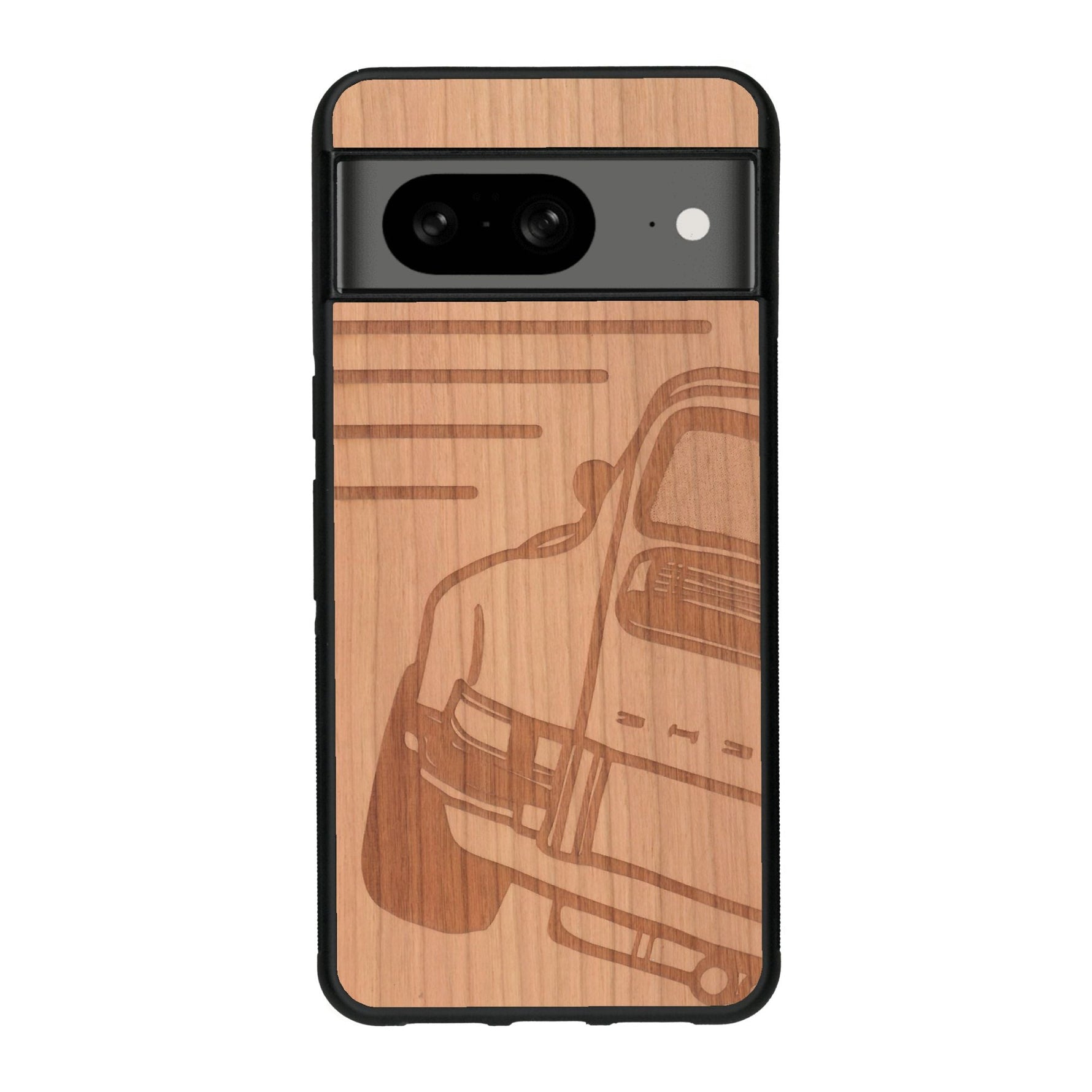 Coque de protection en bois véritable fabriquée en France pour Google Pixel 7A sur le thème de l'automobile avec une authentique Porsche
