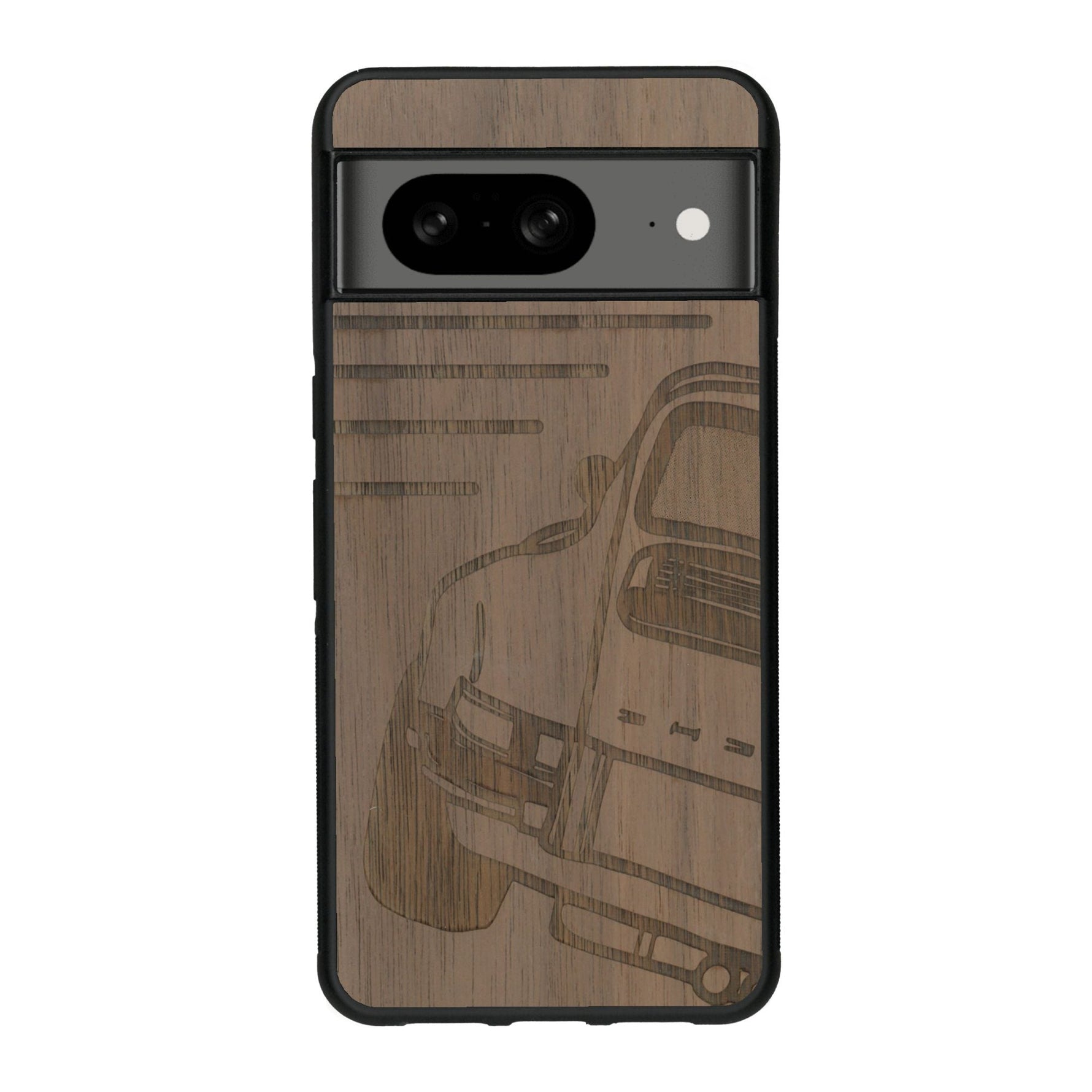 Coque de protection en bois véritable fabriquée en France pour Google Pixel 7A sur le thème de l'automobile avec une authentique Porsche