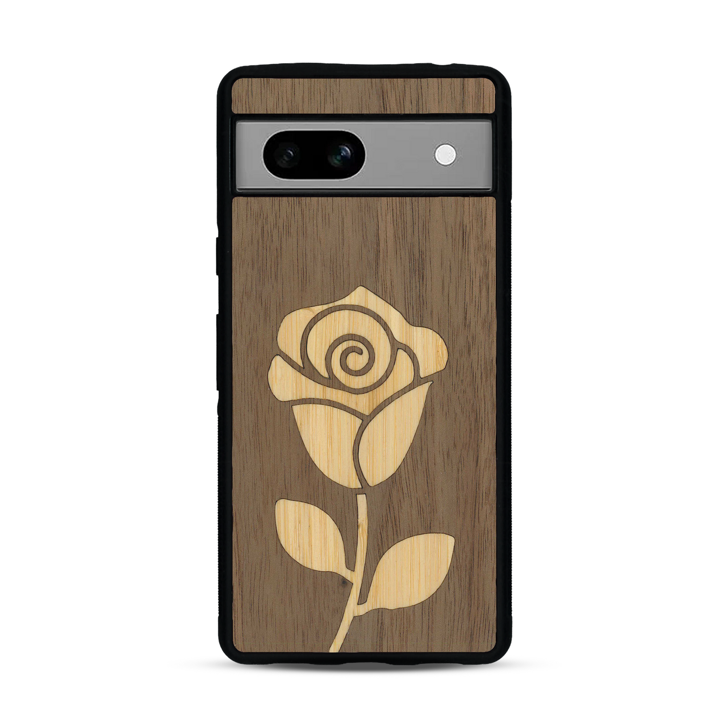 Coque de protection en bois véritable fabriquée en France pour Google Pixel 7A alliant plusieurs essences de bois pour représenter une rose