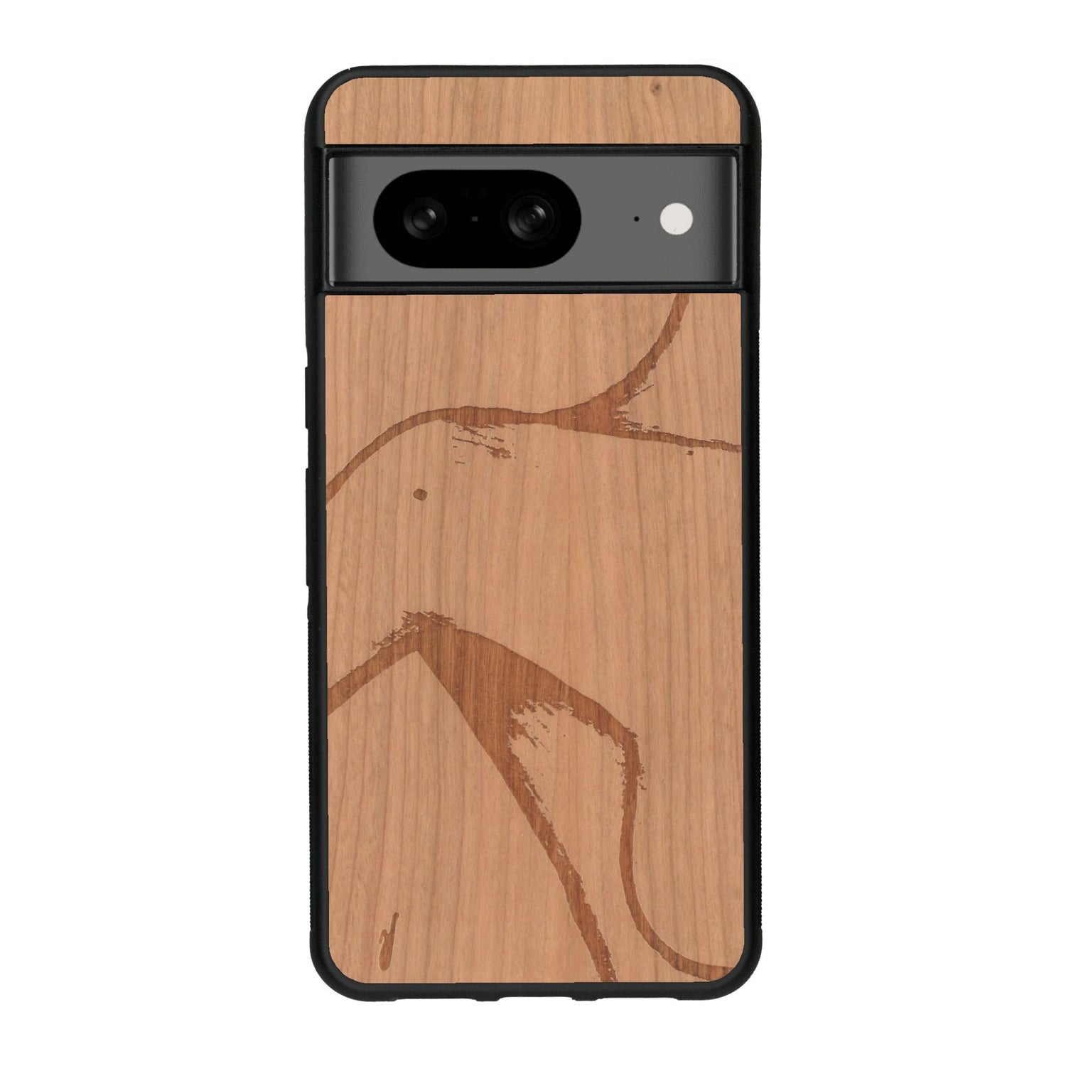 Coque de protection en bois véritable fabriquée en France pour Google Pixel 7A représentant une silhouette féminine dessinée à la main par l'artiste Maud Dabs