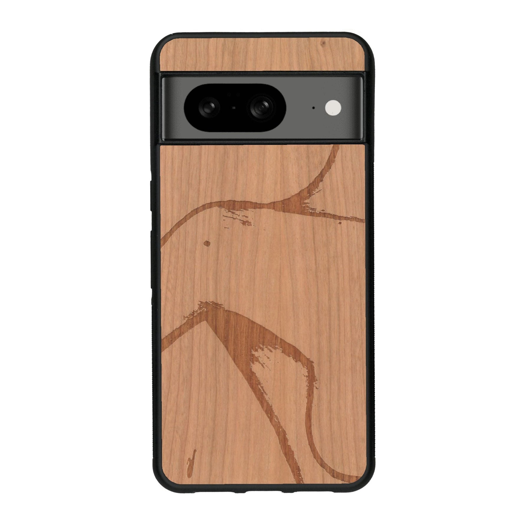Coque de protection en bois véritable fabriquée en France pour Google Pixel 7A représentant une silhouette féminine dessinée à la main par l'artiste Maud Dabs