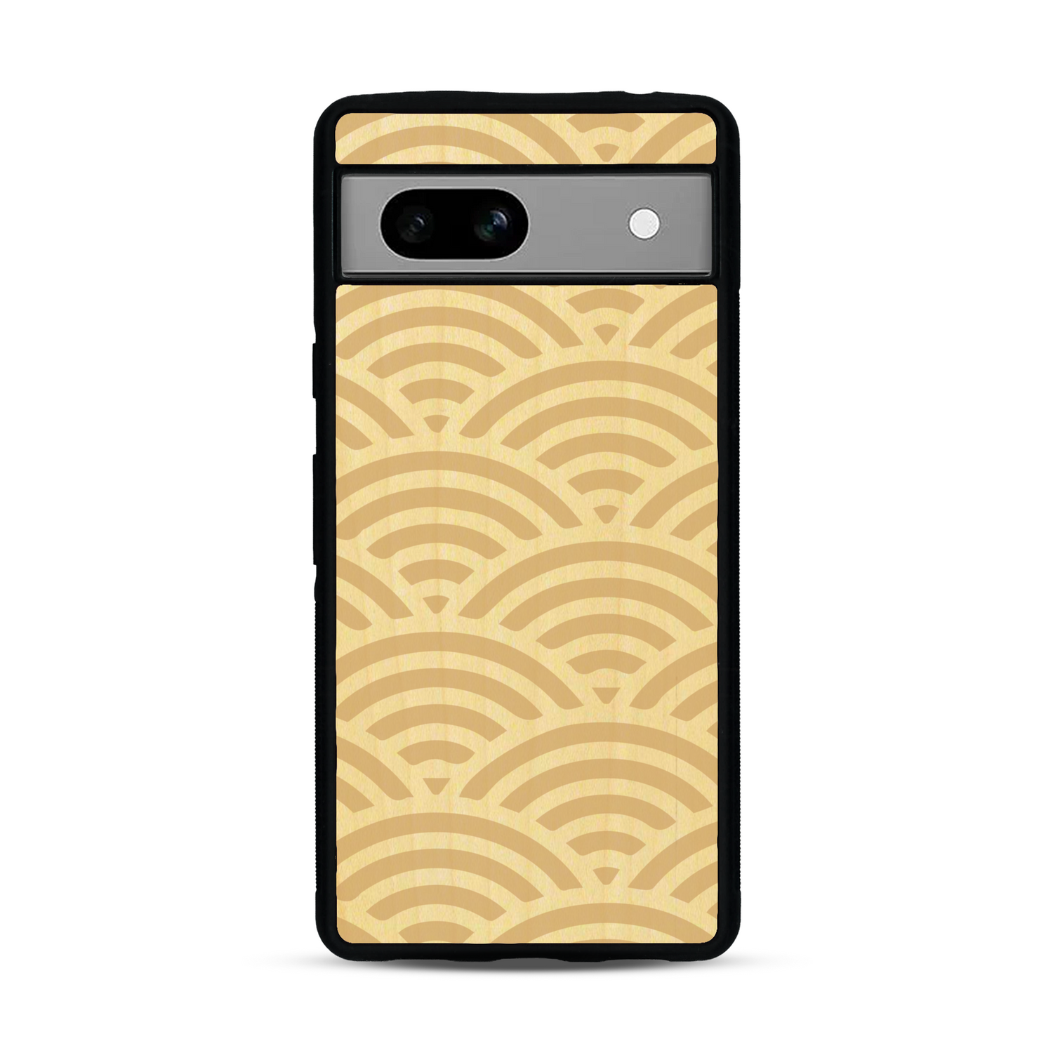 Coque de protection en bois véritable fabriquée en France pour  baptisée "La Sinjak" avec un motif de gravure abstrait représentant la répétition d'un symbole wifi