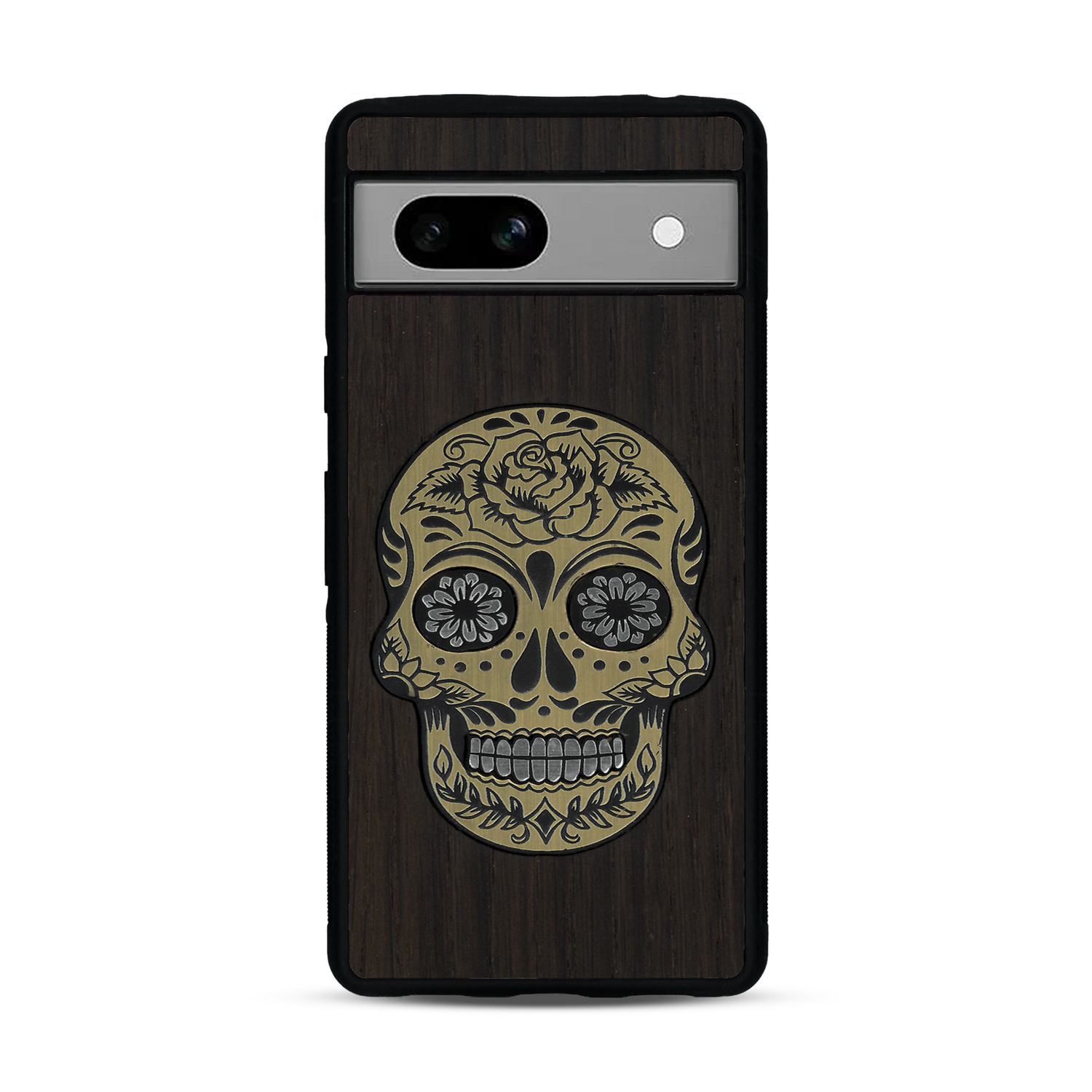 Coque de protection en bois véritable fabriquée en France pour  alliant du chêne fumé avec du métal argenté et doré représentant une tête de mort mexicaine sur le thème Dia de los Muertos