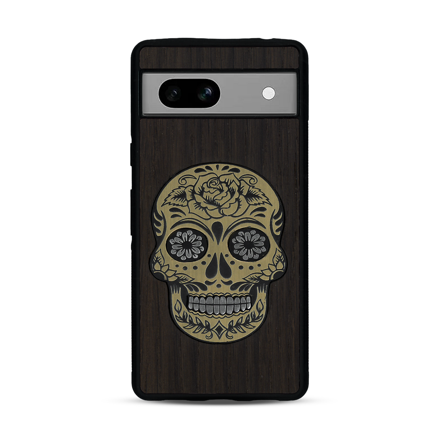 Coque de protection en bois véritable fabriquée en France pour  alliant du chêne fumé avec du métal argenté et doré représentant une tête de mort mexicaine sur le thème Dia de los Muertos
