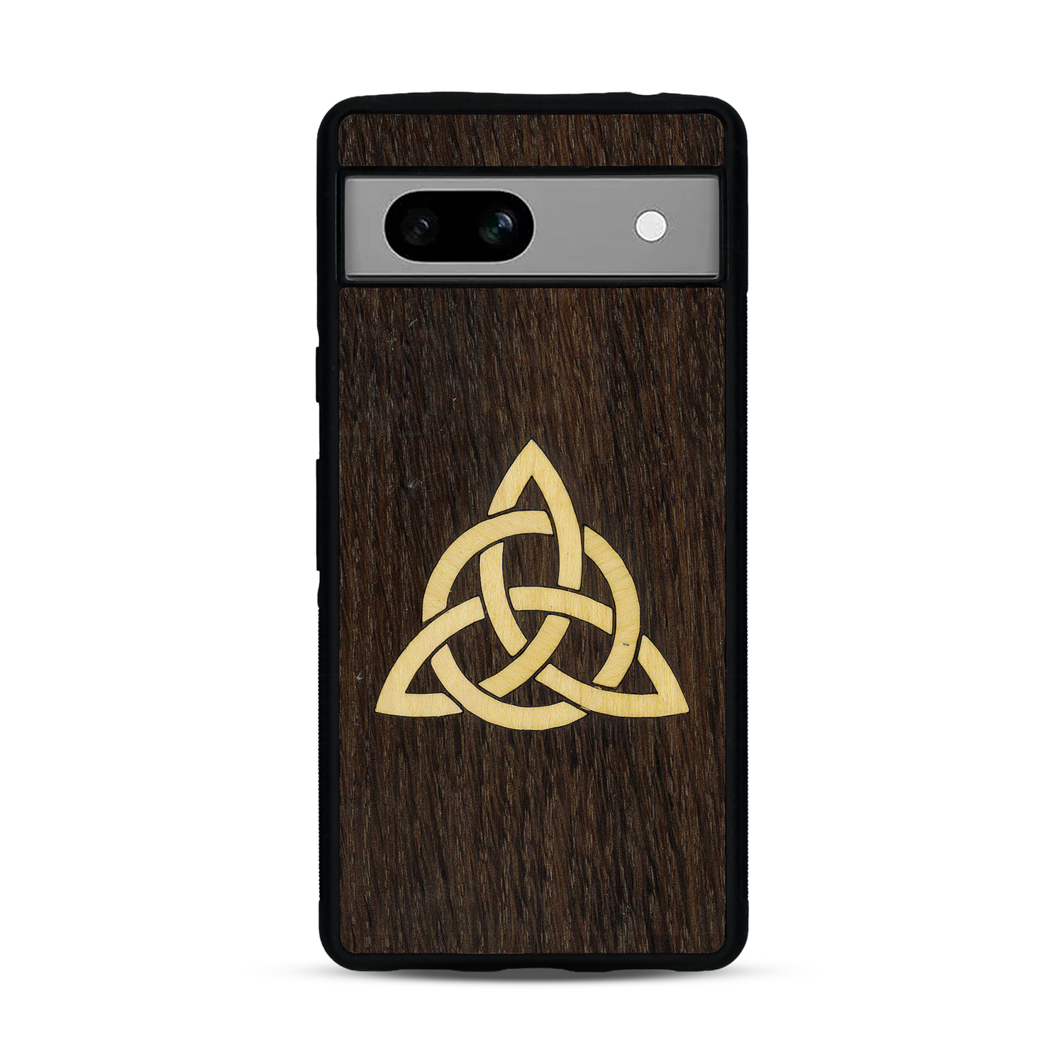 Coque de protection en bois véritable fabriquée en France pour  alliant du chêne fumé et du bambou représentant une triquetra