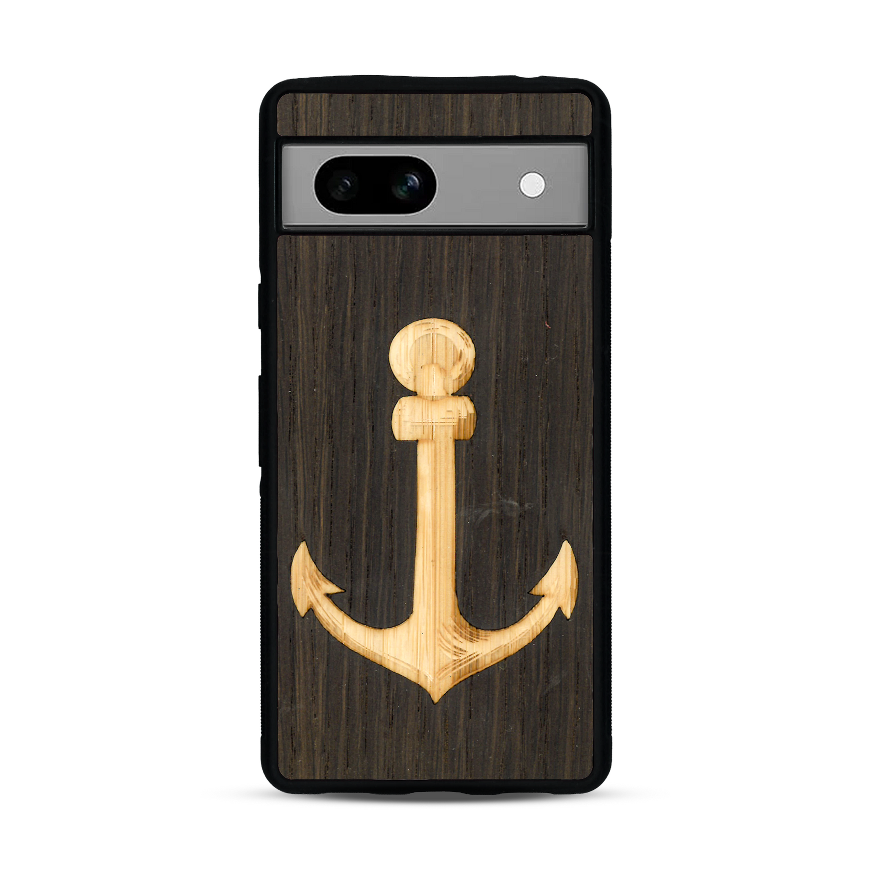 Coque de protection en bois véritable fabriquée en France pour  sur le thème nautique avec un bois clair et un bois foncé représentant une ancre de bateau