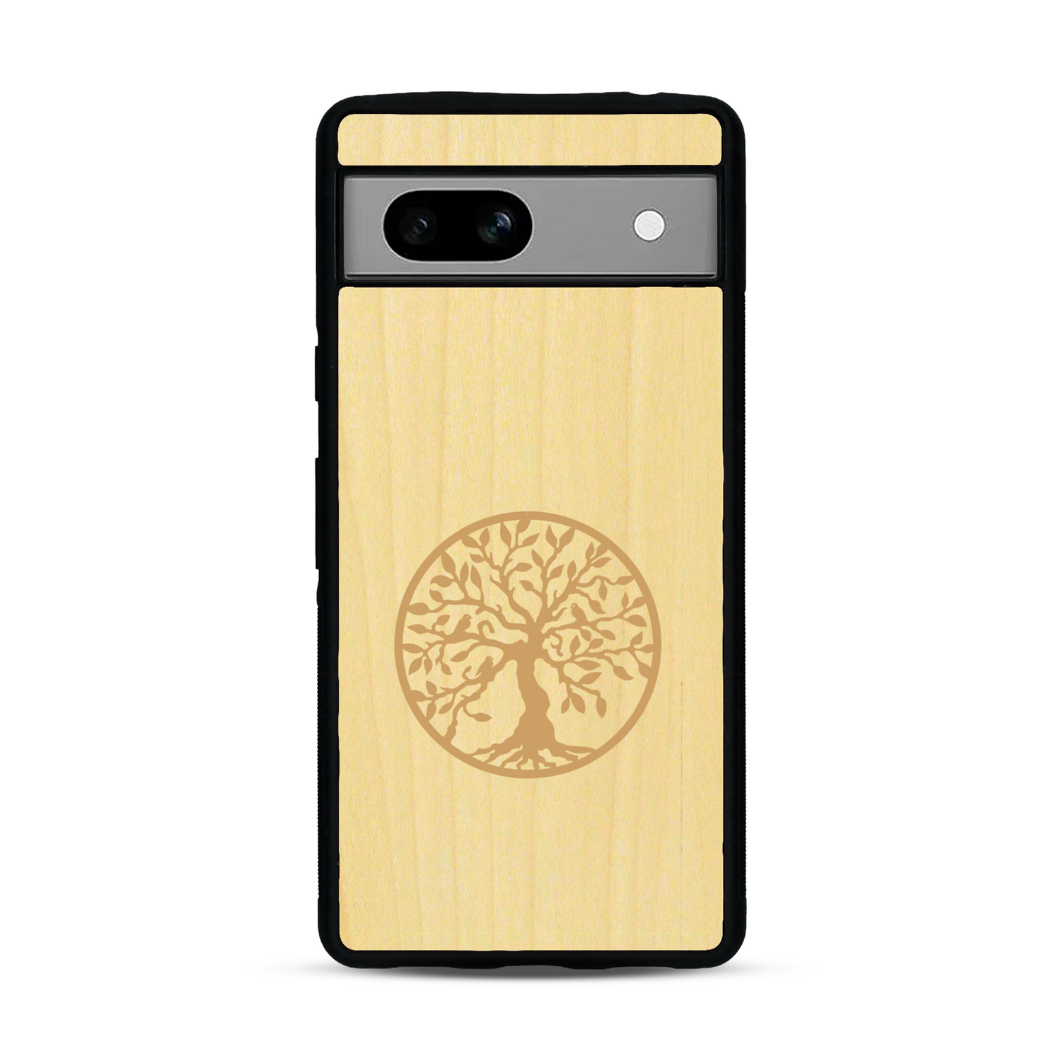 Coque de protection en bois véritable fabriquée en France pour  sur le thème de la spiritualité et du yoga avec une gravure zen représentant un arbre de vie