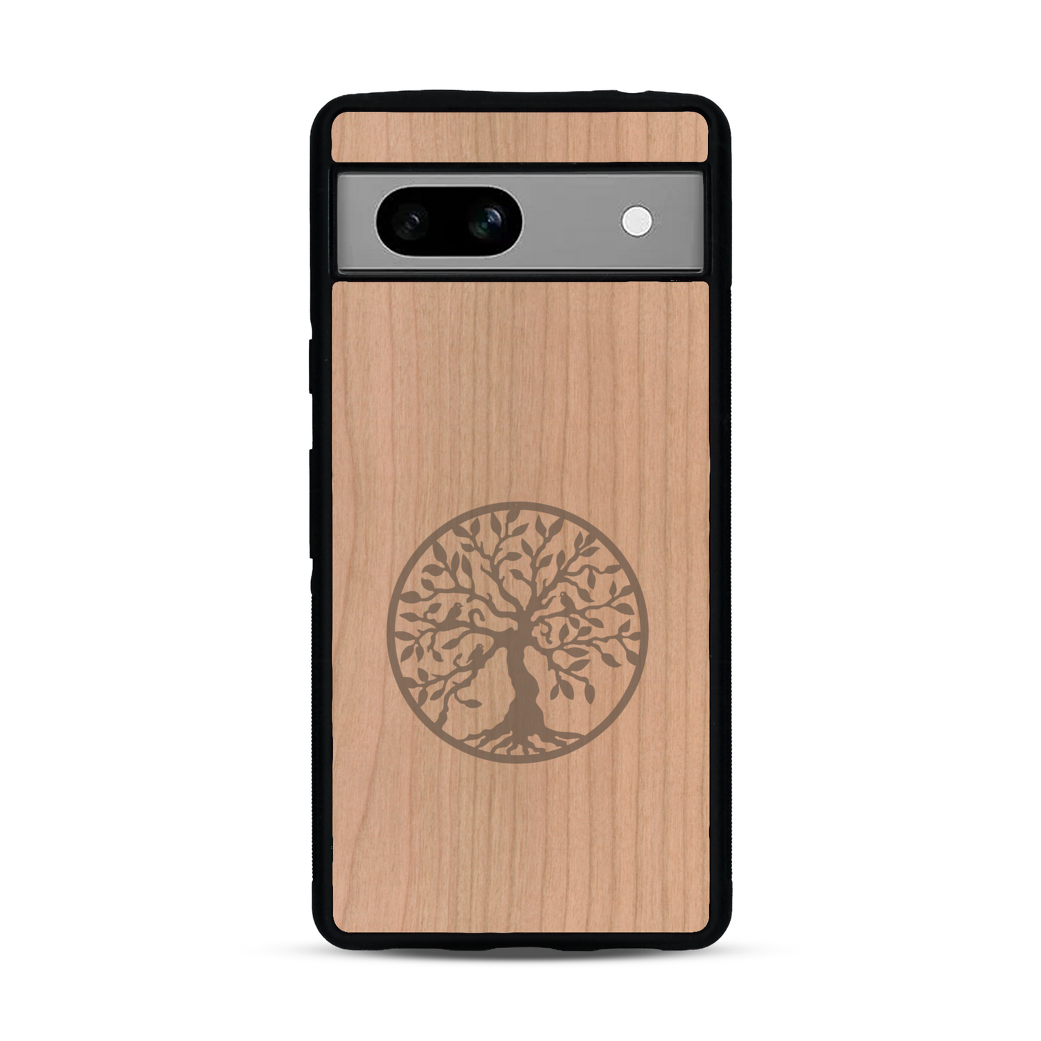 Coque de protection en bois véritable fabriquée en France pour  sur le thème de la spiritualité et du yoga avec une gravure zen représentant un arbre de vie
