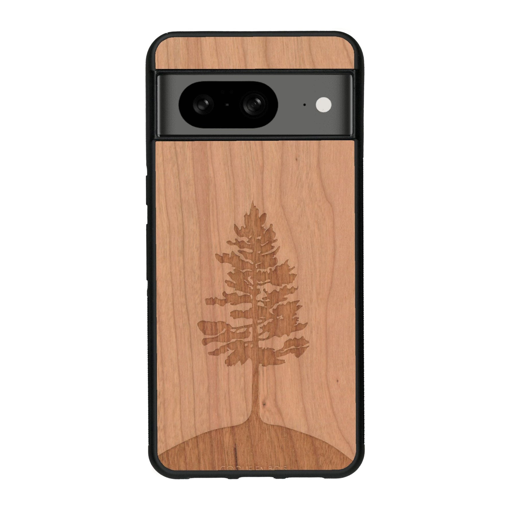 Coque de protection en bois véritable fabriquée en France pour Google Pixel 7A sur le thème de la nature, de la fôret et de l'écoresponsabilité avec une gravure représentant un arbre 