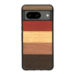 Coque de protection en bois véritable fabriquée en France pour Google Pixel 7A alliant des bandes horizontales de bambou, merisier, padouk, noyer et chêne fumé
