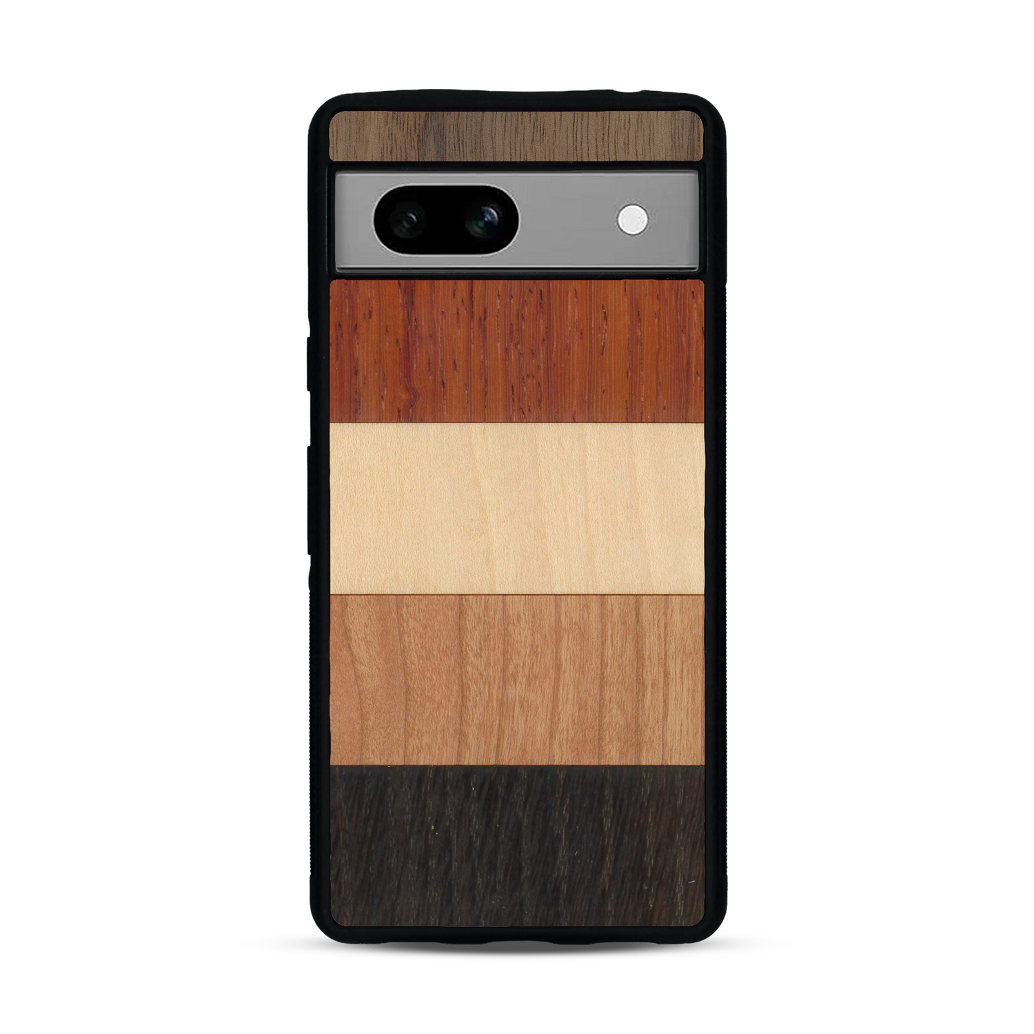 Coque de protection en bois véritable fabriquée en France pour  alliant des bandes horizontales de bambou, merisier, padouk, noyer et chêne fumé