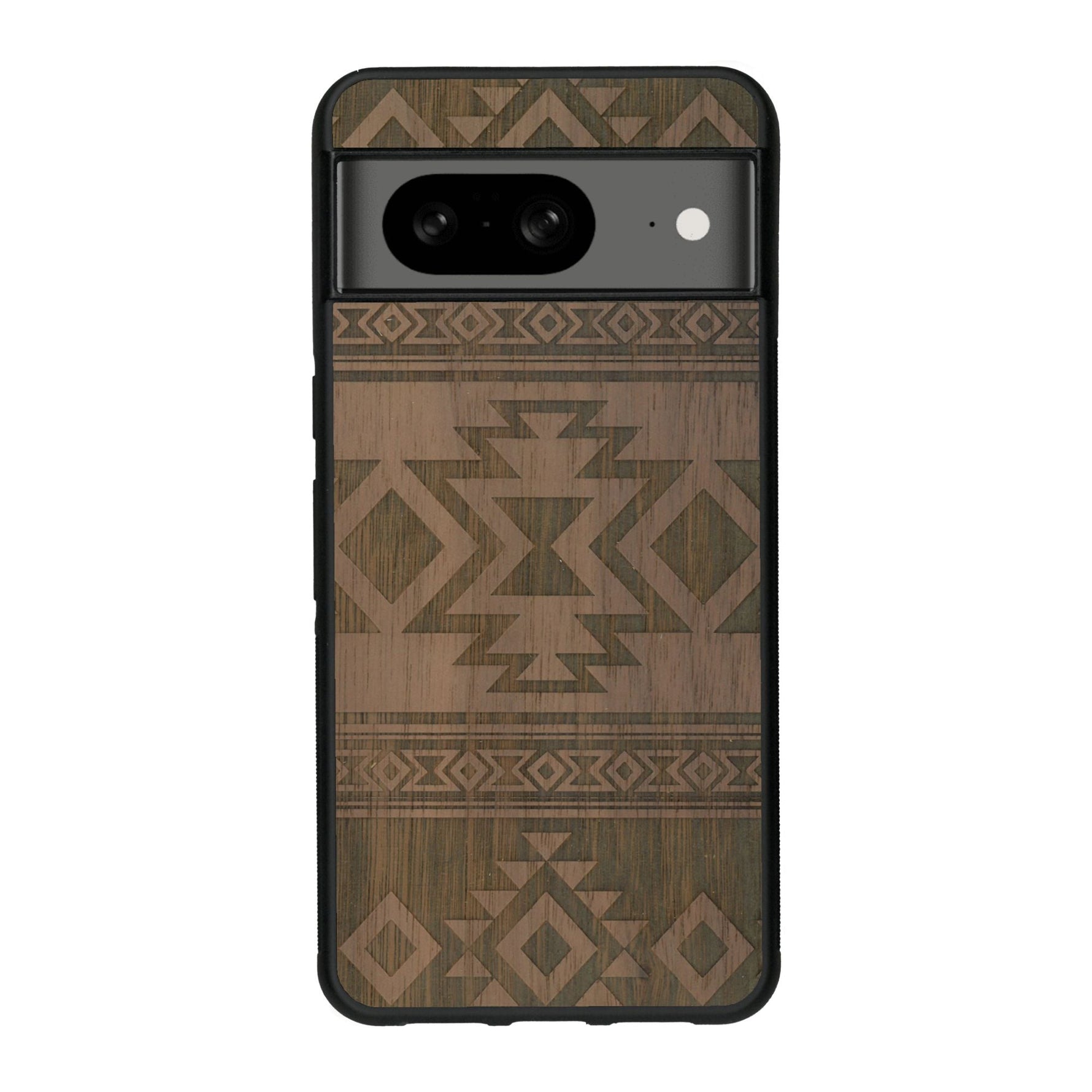 Coque de protection en bois véritable fabriquée en France pour Google Pixel 7A avec des motifs géométriques s'inspirant des temples aztèques, mayas et incas