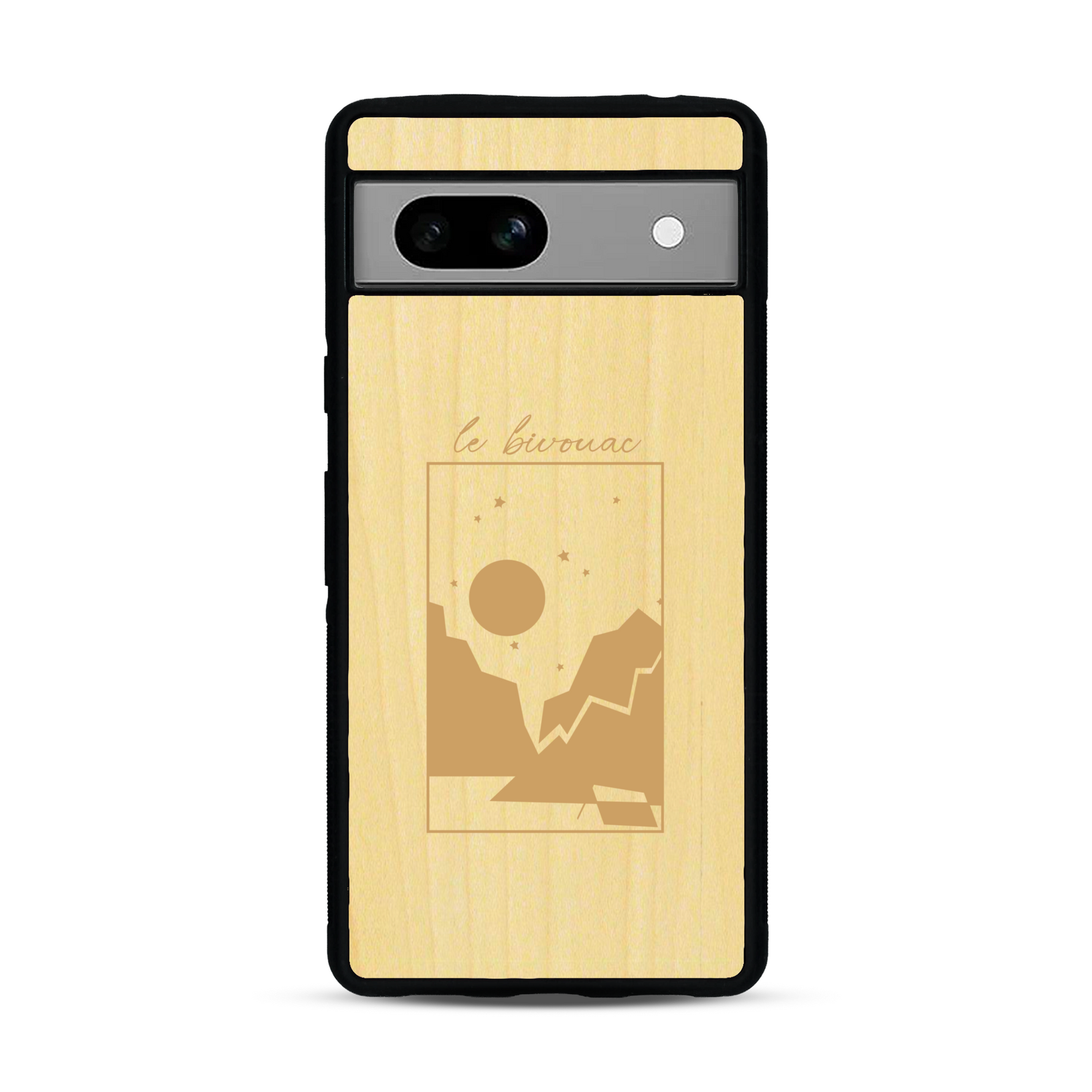 Coque de protection en bois véritable fabriquée en France pour  sur le thème du camping en pleine nature et du bivouac avec la phrase "Aventure is out there"