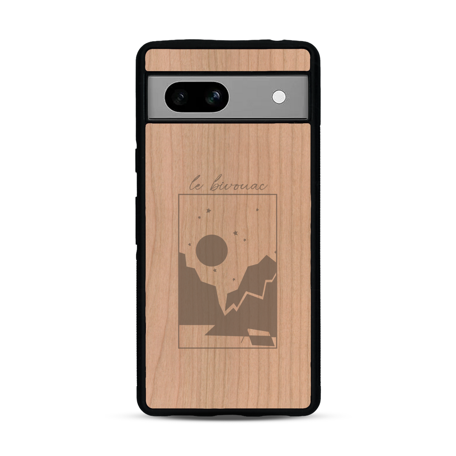 Coque de protection en bois véritable fabriquée en France pour  sur le thème du camping en pleine nature et du bivouac avec la phrase "Aventure is out there"