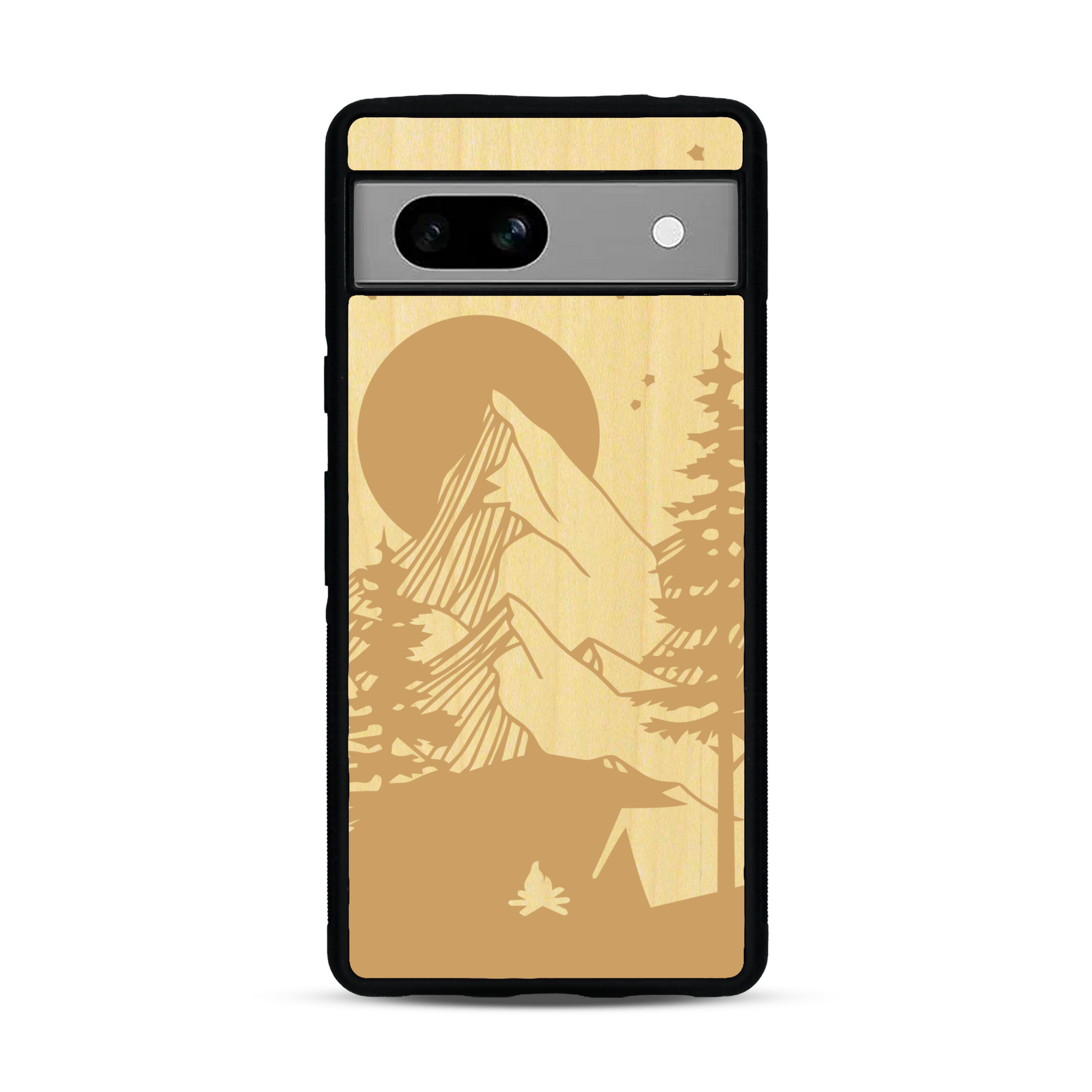 Coque de protection en bois véritable fabriquée en France pour  sur le thème du camping en pleine nature représentant une tente avec un feu de camp entouré de montagnes