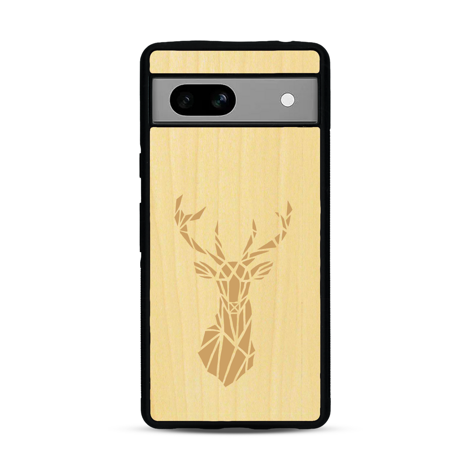 Coque de protection en bois véritable fabriquée en France pour  sur le thème de la nature et des animaux représentant une tête de cerf gométrique avec un design moderne et minimaliste