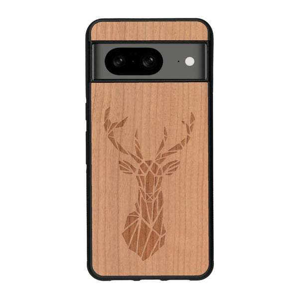 Coque de protection en bois véritable fabriquée en France pour Google Pixel 7A sur le thème de la nature et des animaux représentant une tête de cerf gométrique avec un design moderne et minimaliste