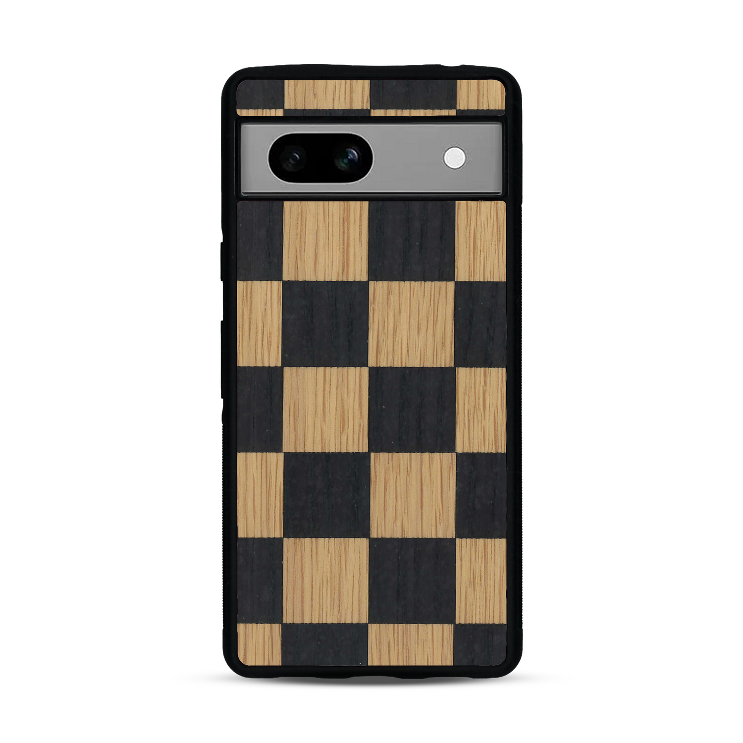 Coque de protection en bois véritable fabriquée en France pour Google Pixel 7A alliant plusieurs essences de bois pour représenter un damier