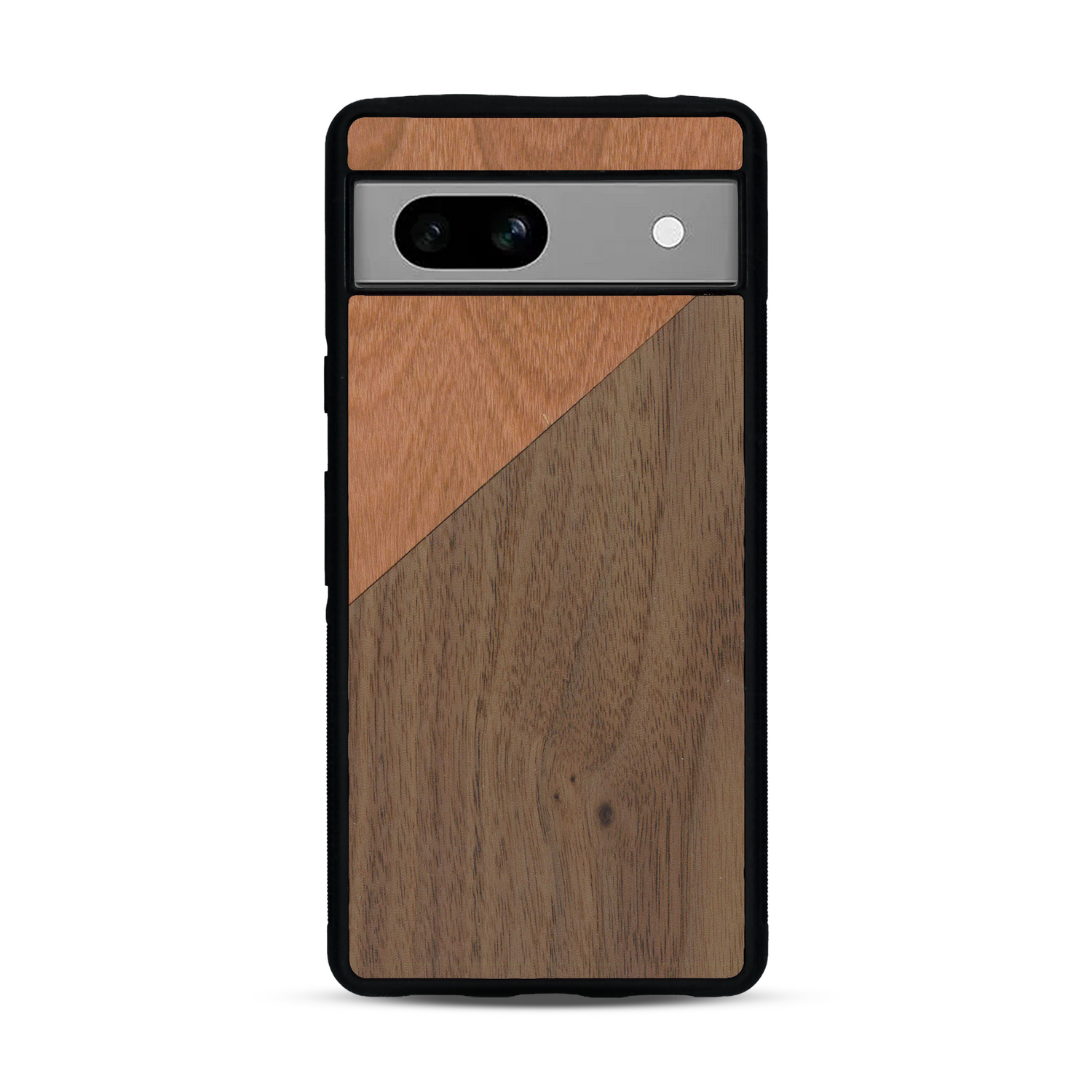 Coque de protection en bois véritable fabriquée en France pour  alliant du merisier et du noyer formant chacun un triangle avec une jointure en diagonale sur le thème de l'art abstrait