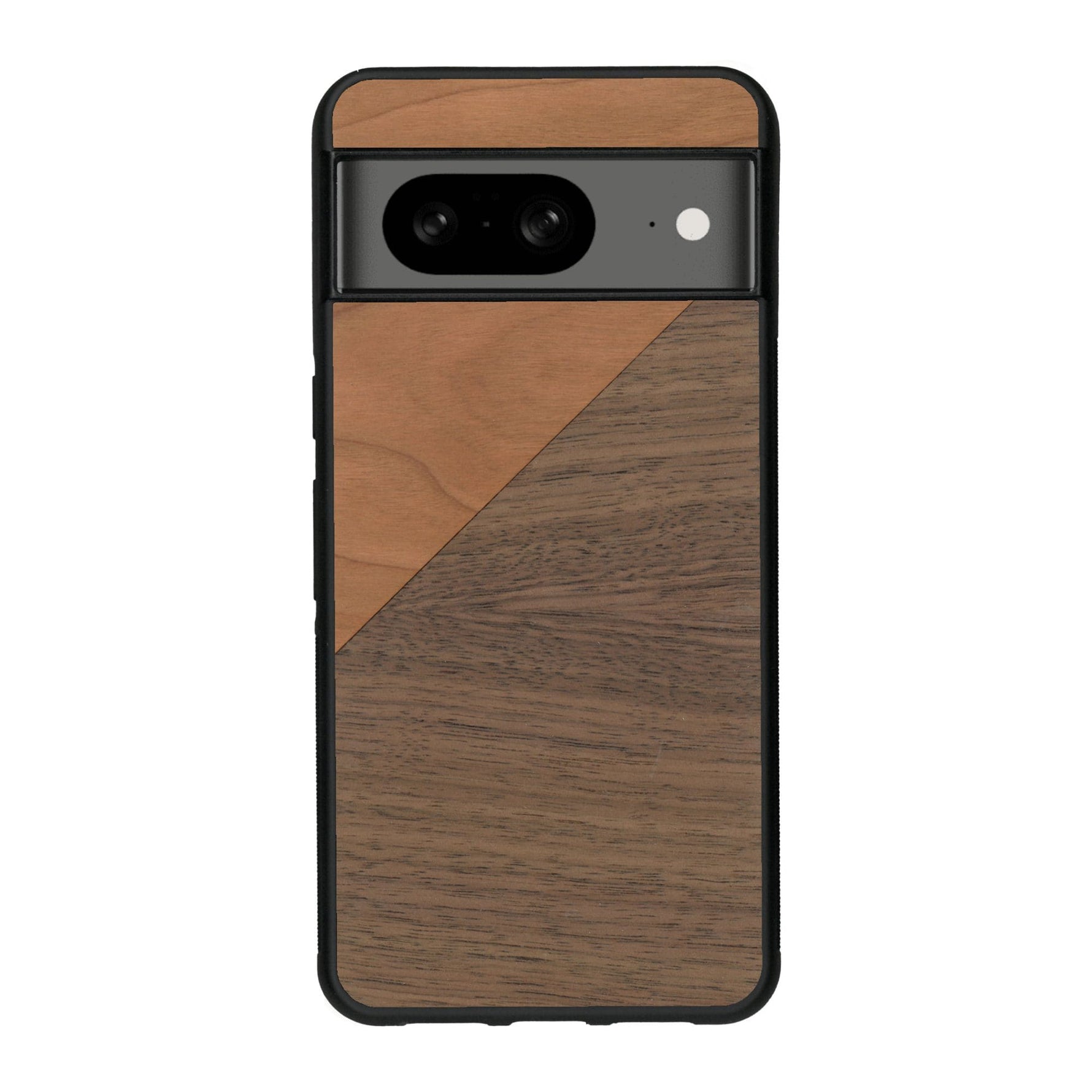 Coque de protection en bois véritable fabriquée en France pour Google Pixel 7A alliant du merisier et du noyer formant chacun un triangle avec une jointure en diagonale sur le thème de l'art abstrait