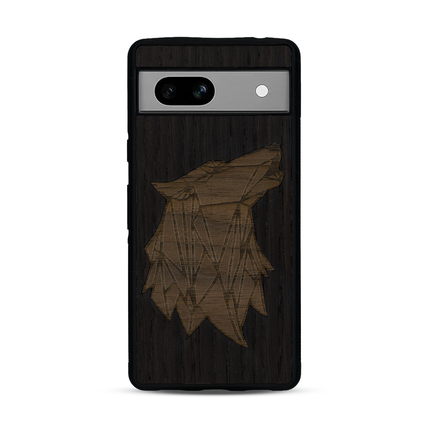 Coque de protection en bois véritable fabriquée en France pour  alliant du chêne fumé et du noyer représentant une tête de loup géométrique de profil sur le thème des animaux et de la nature