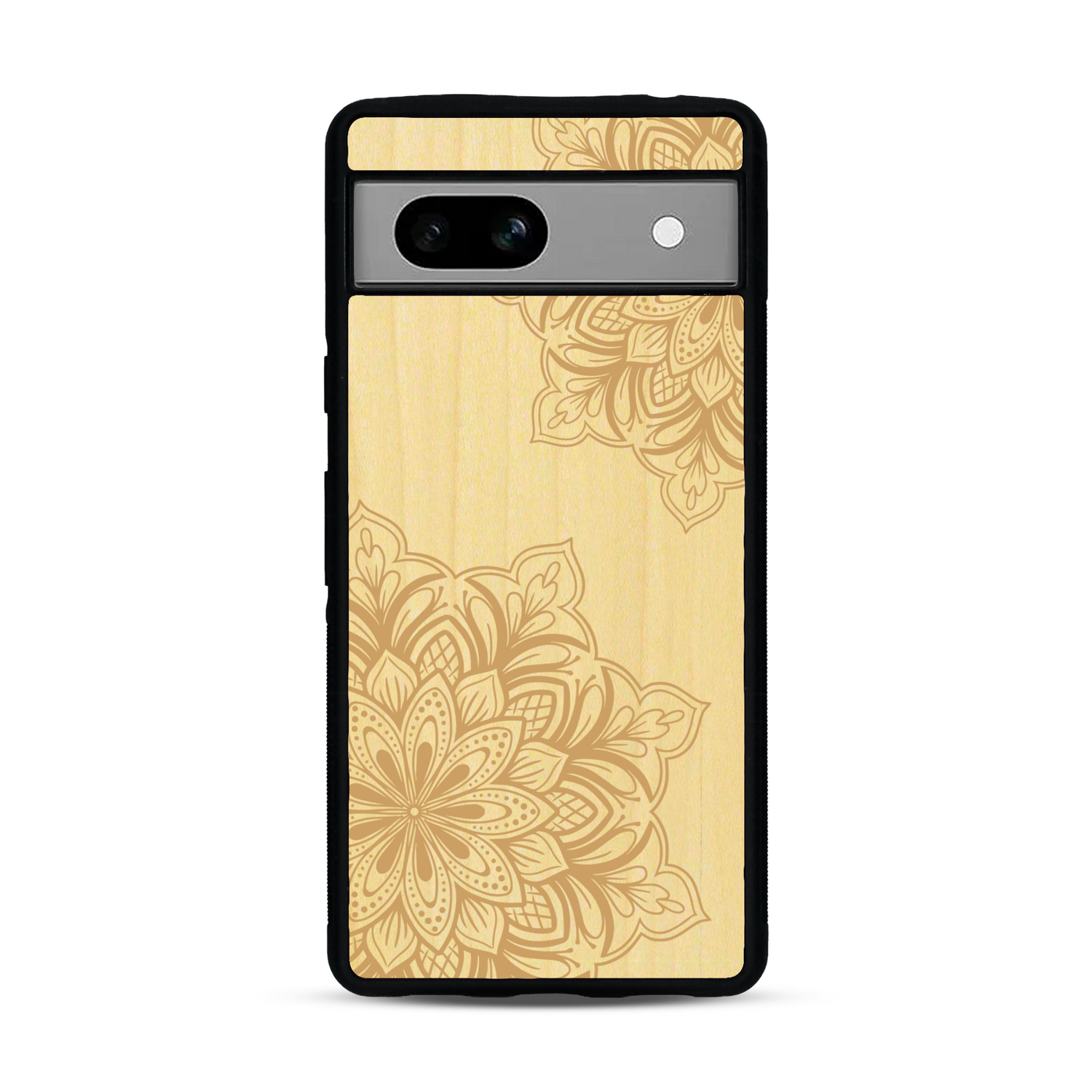 Coque de protection en bois véritable fabriquée en France pour  sur le thème de la bohème et du tatouage au henné avec une gravure représentant un mandala
