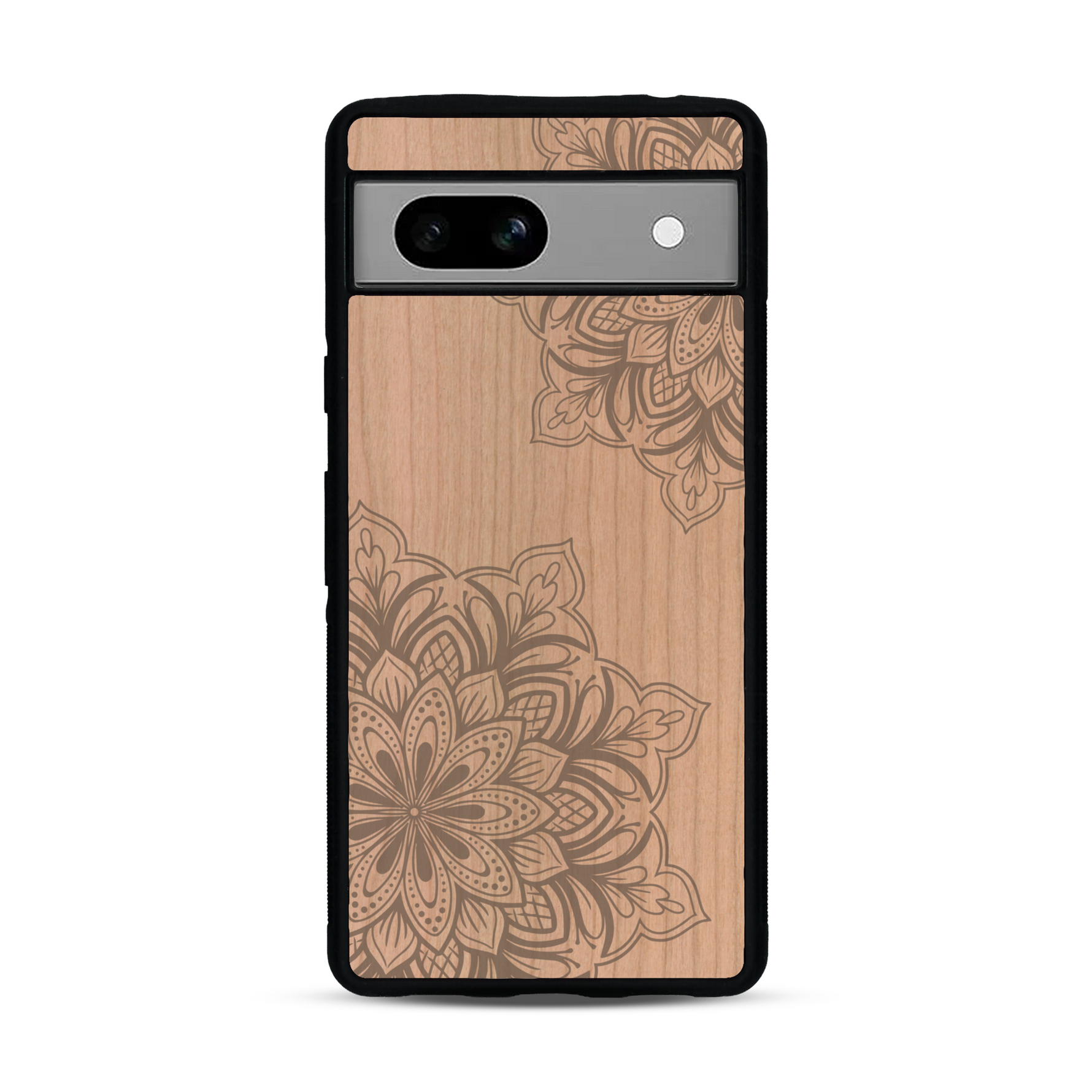 Coque de protection en bois véritable fabriquée en France pour  sur le thème de la bohème et du tatouage au henné avec une gravure représentant un mandala