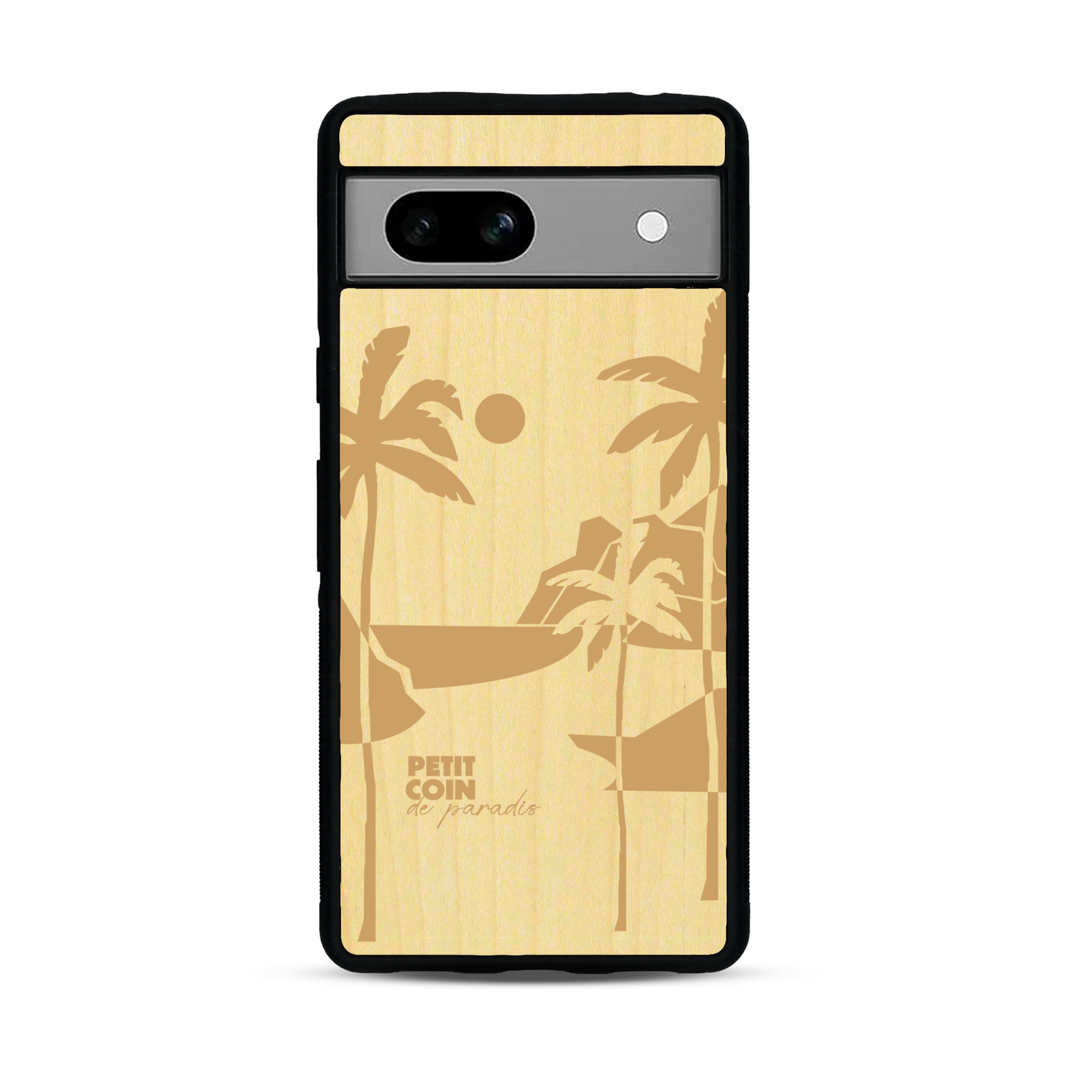 Coque de protection en bois véritable fabriquée en France pour  sur le thème des voyages en vans, vanlife et chill avec une gravure représentant un van vw combi devant le soleil couchant sur une plage avec des vagues