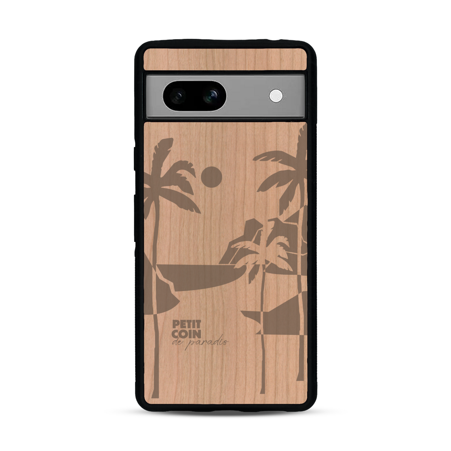 Coque de protection en bois véritable fabriquée en France pour  sur le thème des voyages en vans, vanlife et chill avec une gravure représentant un van vw combi devant le soleil couchant sur une plage avec des vagues