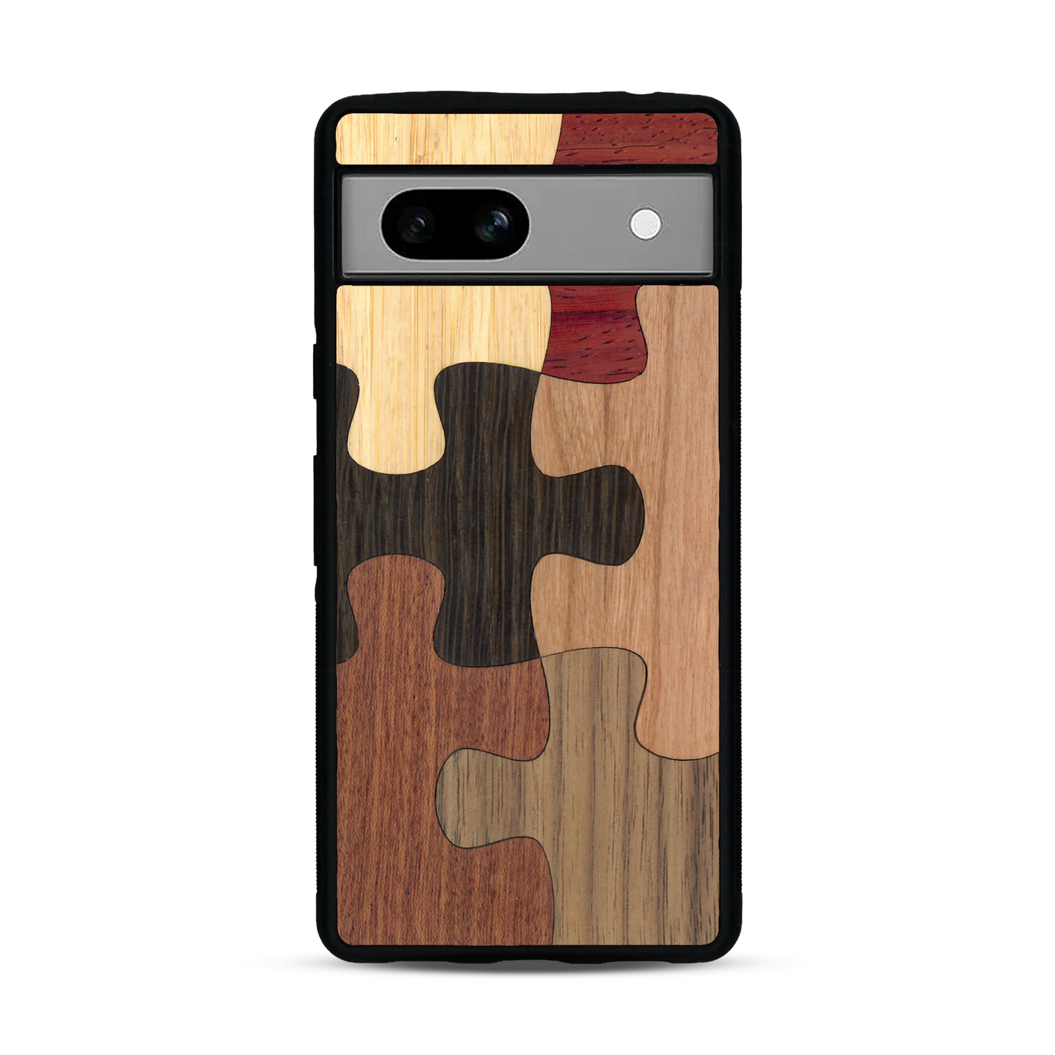 Coque de protection en bois véritable fabriquée en France pour  représentant un puzzle en six pièces qui allie du chêne fumé, du noyer, du bambou, du padouk, du merisier et de l'acajou