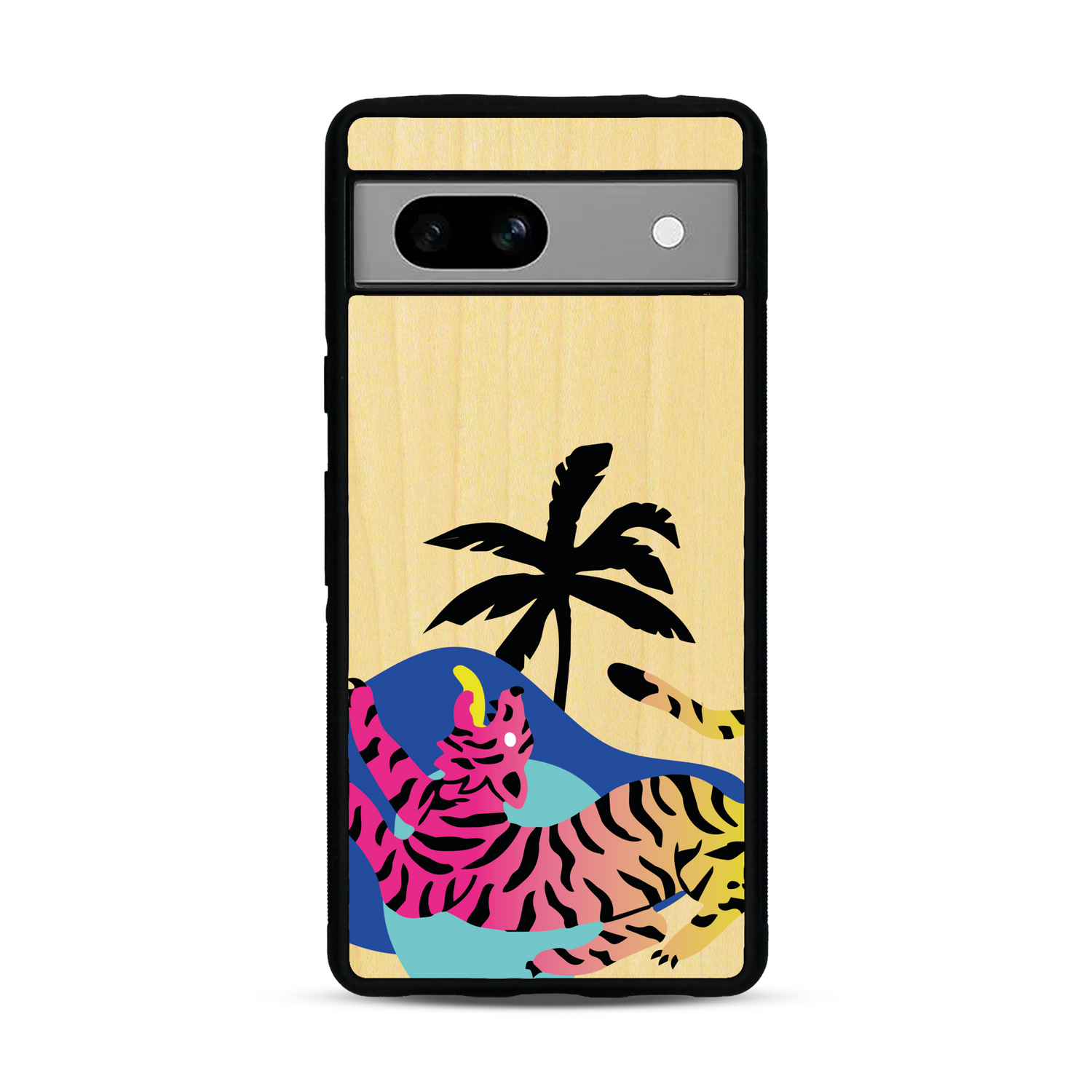 Coque de protection en bois véritable fabriquée en France pour Google Pixel 7A représentant un tigre coloré avec un design moderne et minimaliste sur le thème de la jungle et de la nature