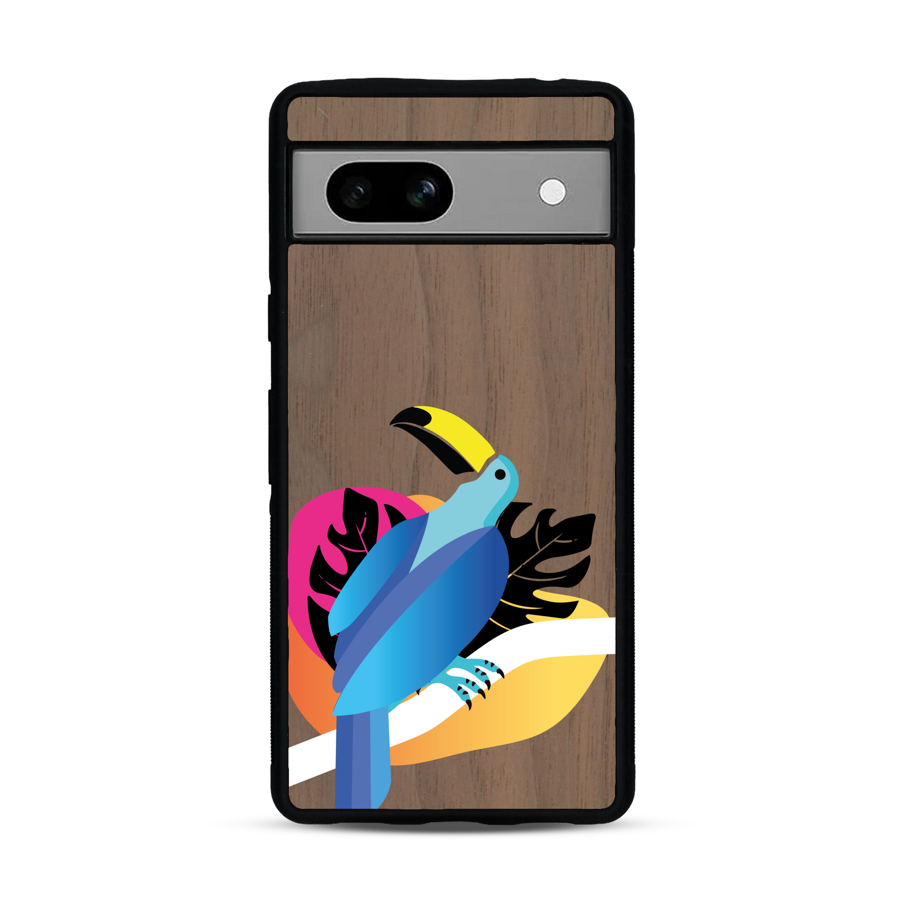 Coque de protection en bois véritable fabriquée en France pour Google Pixel 7A représentant un toucan coloré avec un design moderne et minimaliste sur le thème de la jungle et de la nature