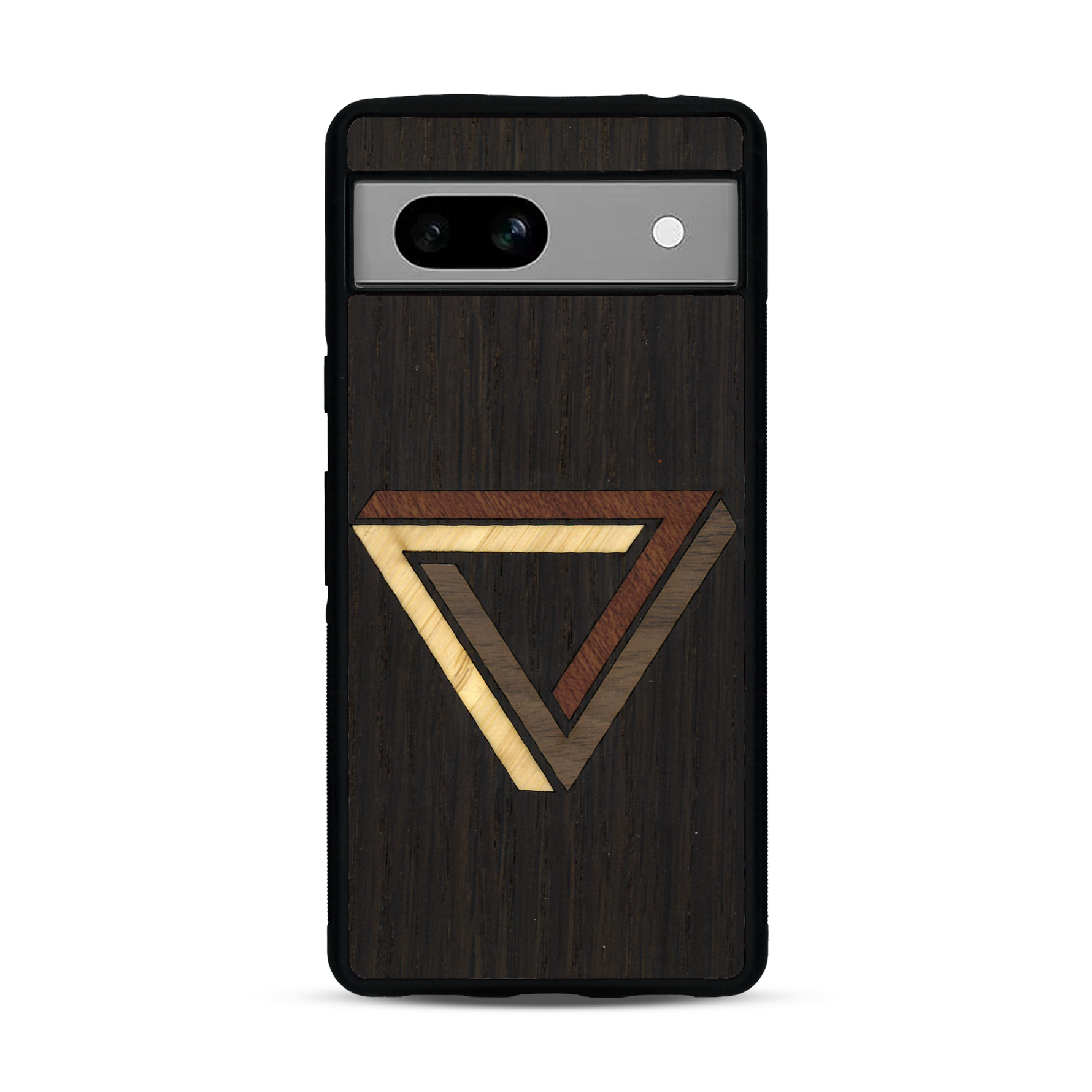 Coque de protection en bois véritable fabriquée en France pour  sur le thème de l'art géométrique qui allie du chêne fumé, du noyer, du bambou et du padouk représentant le triangle de penrose