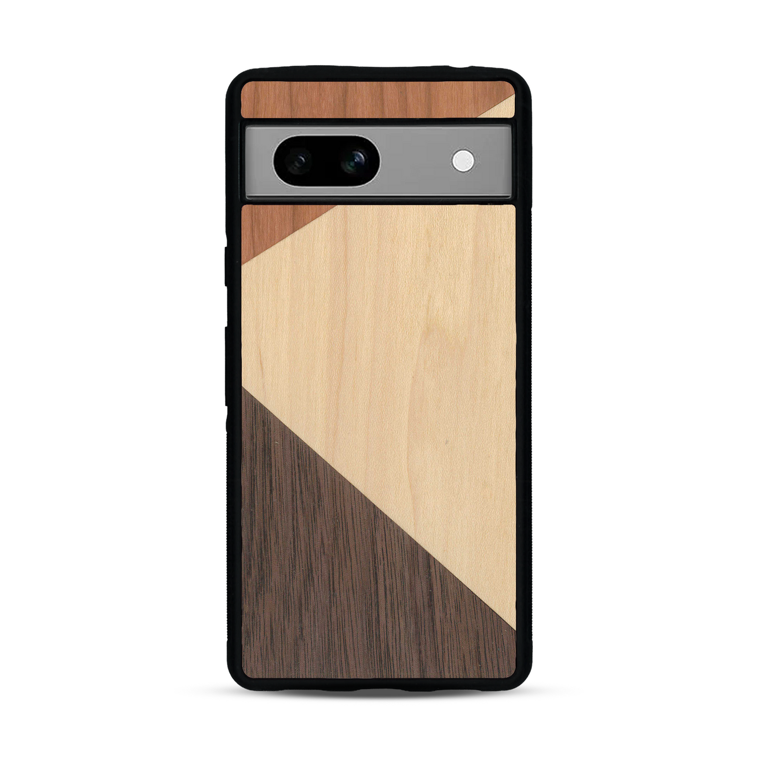 Coque de protection en bois véritable fabriquée en France pour  alliant du merisier, du noyer et du bambou formant chacun deux triangles et un trapèze avec deux jointures en diagonale sur le thème de l'art abstrait