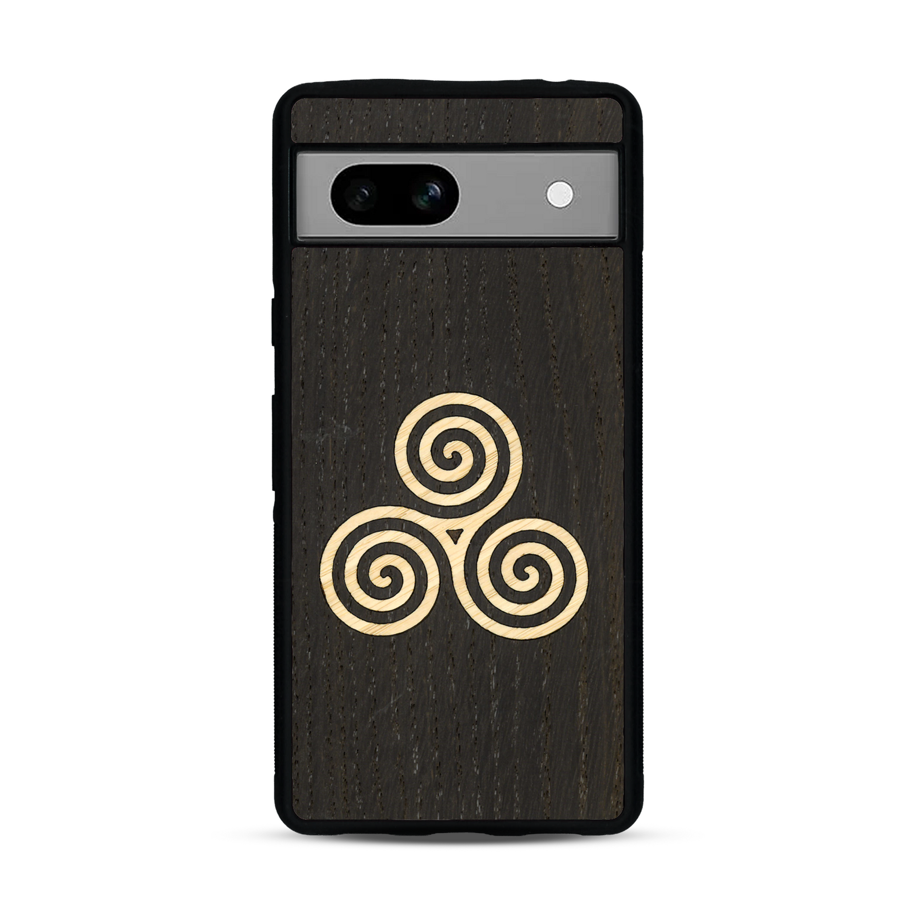 Coque de protection en bois véritable fabriquée en France pour  alliant du chêne fumé et du bambou et doré représentant un triskell