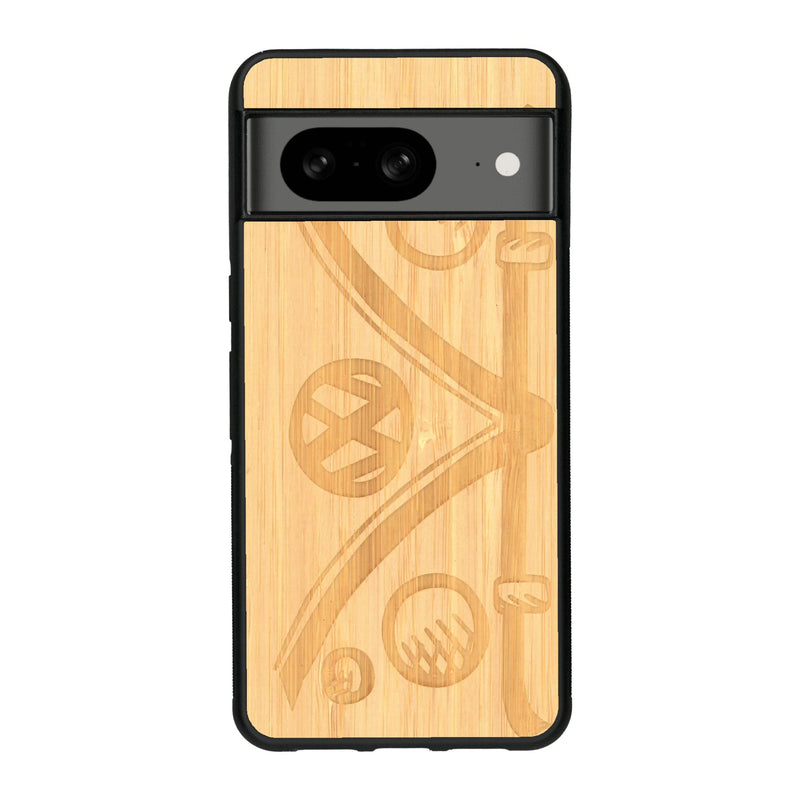 Coque de protection en bois véritable fabriquée en France pour Google Pixel 7A sur le thème de l'automobile avec un van combi