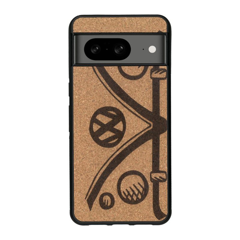 Coque de protection en bois véritable fabriquée en France pour Google Pixel 7A sur le thème de l'automobile avec un van combi