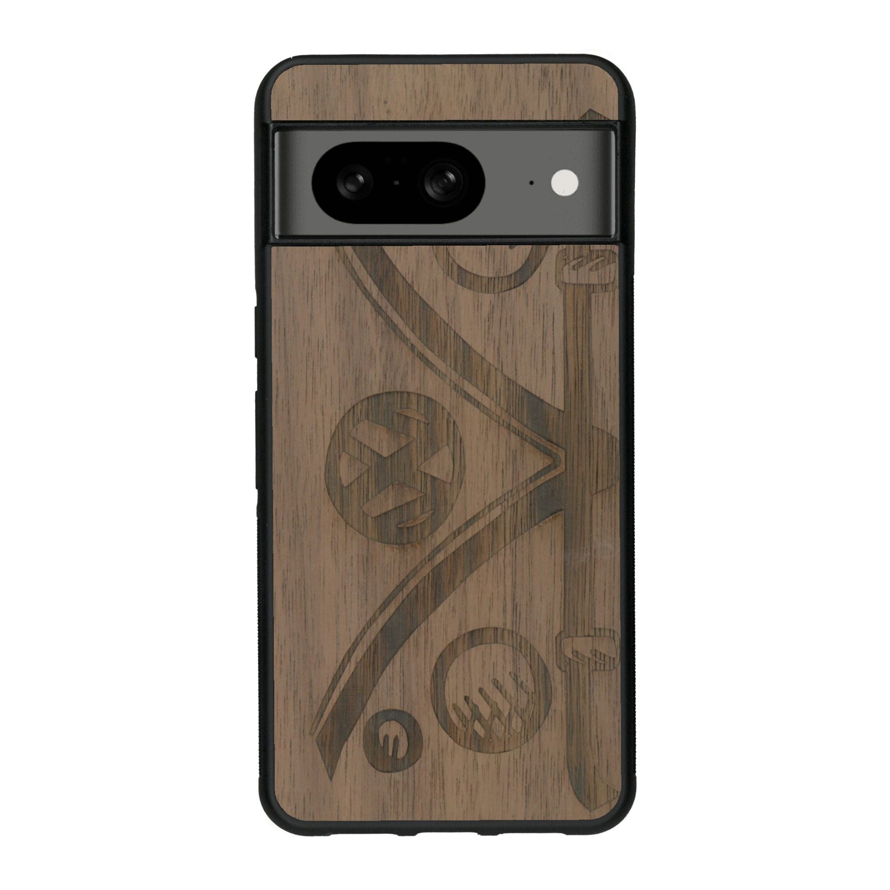Coque de protection en bois véritable fabriquée en France pour Google Pixel 7A sur le thème de l'automobile avec un van combi