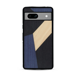 Coque de protection en bois véritable fabriquée en France pour  alliant du bambou, du tulipier bleu et noir en forme de mosaïque minimaliste sur le thème de l'art abstrait
