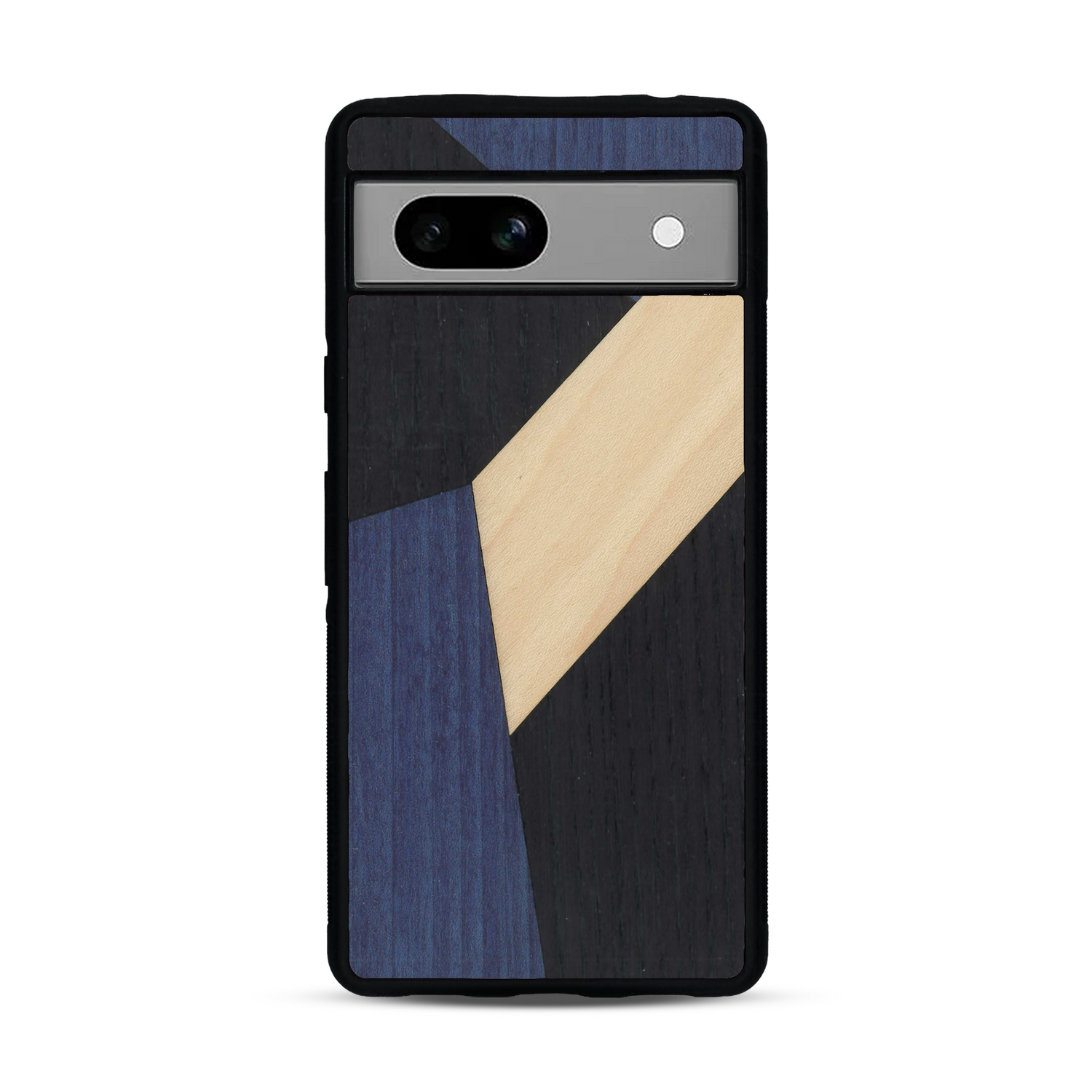 Coque de protection en bois véritable fabriquée en France pour  alliant du bambou, du tulipier bleu et noir en forme de mosaïque minimaliste sur le thème de l'art abstrait