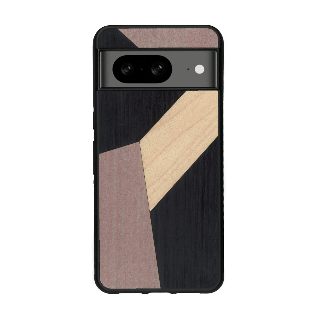 Coque de protection en bois véritable fabriquée en France pour Google Pixel 7a alliant du bambou, du tulipier mauve et noir en forme de mosaïque minimaliste sur le thème de l'art abstrait