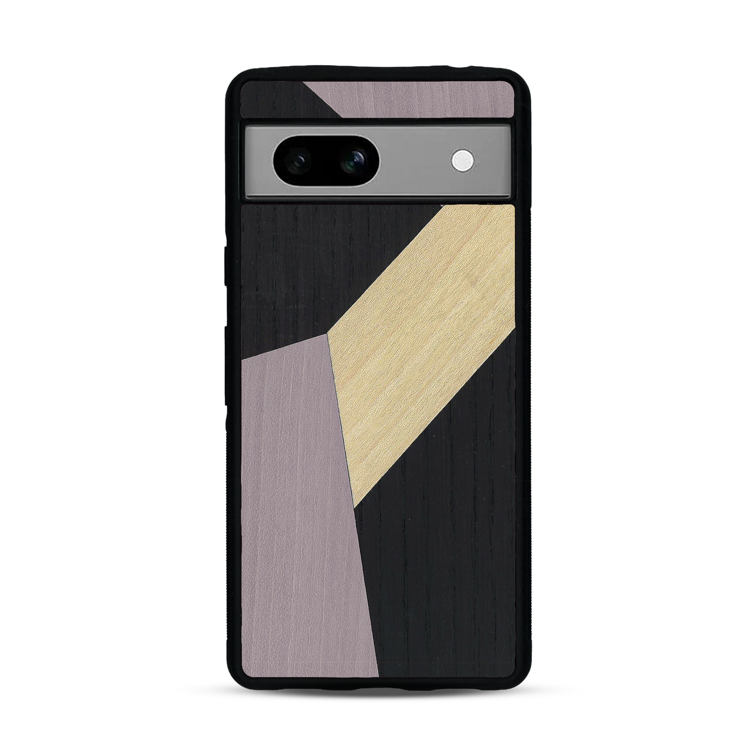 Coque de protection en bois véritable fabriquée en France pour  alliant du bambou, du tulipier mauve et noir en forme de mosaïque minimaliste sur le thème de l'art abstrait