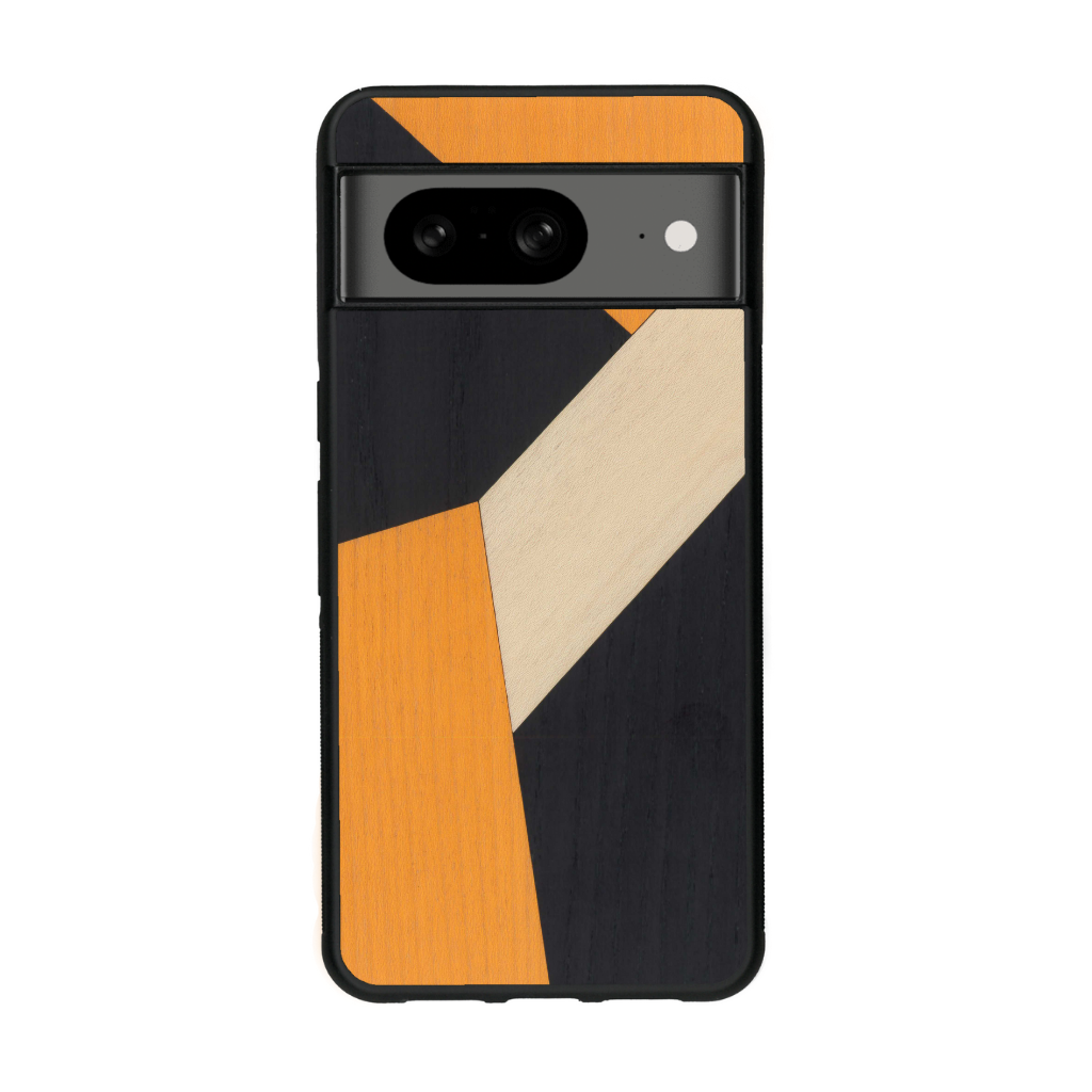 Coque de protection en bois véritable fabriquée en France pour Google Pixel 7a alliant du bambou, du tulipier orange et noir en forme de mosaïque minimaliste sur le thème de l'art abstrait