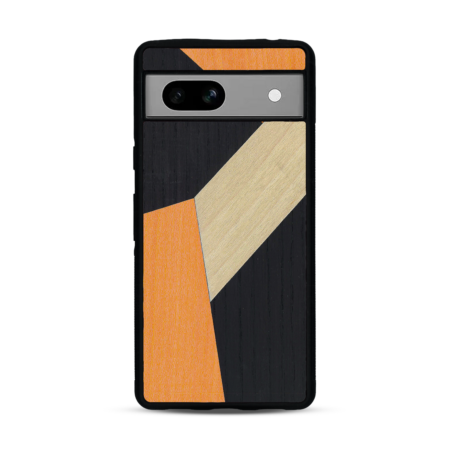 Coque de protection en bois véritable fabriquée en France pour  alliant du bambou, du tulipier orange et noir en forme de mosaïque minimaliste sur le thème de l'art abstrait